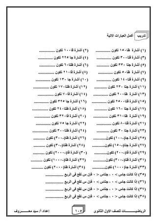 1 إعداد أ/ سيد معـــــــــروف 6 الرياضيــــــــــــات للصف الاول الثانوى 2 
أكمل العبارات الاتية 
1( أشارة ظا 126 تكون .............. ) 2( أشارة قا 166 تكون ............... ( 
0( أشارة قتا 066 تكون .............. ) 4( أشارة جا 222 تكون .............. ( 
2( أشارة جتا 006 تكون ............ ) 0( أشارة ظتا 06 تكون ............... ( 
8( أشارة ظا 26 تكون .............. ) 7( أشارة قا 216 تكون ............... ( 
8( أشارة قتا 146 تكون .............. ) 16 ( أشارة جا 106 تكون .............. ( 
11 ( أشارة جتا 206 تكون ............ ) 12 ( أشارة ظتا 186 تكون ............... ( 
10 ( أشارة ظا 266 تكون .............. ) 14 ( أشارة قا 86 تكون ............... ( 
12 ( أشارة قتا 2266 تكون .............. ) 10 ( أشارة جا 022 تكون .............. ( 
18 ( أشارة جتا 106 تكون ............ ) 17 ( أشارة ظتا 246 تكون ............... ( 
18 ( أشارة ظا 016 تكون .............. ) 26 ( أشارة قا 026 تكون ............... ( 
21 ( أشارة قتا 76 تكون .............. ) 22 ( أشارة جا 82 تكون .............. ( 
20 ( أشارة جتا 06 تكون ............ ) 24 ( أشارة ظتا 066 تكون ............... ( 
22 ( أشارة جا) 166 ( تكون............ ) 20 ( أشارة ظا) 066 ( تكون ........... - - ( 
28 ( أشارة جتا) 126 ( تكون............ ) 27 ( أشارة ظتا) 06 ( تكون ........... - - ( 
28 ( أشارة قا) 266 ( تكون............ ) 06 ( أشارة قا) 2666 ( تكون ........... - - ( 
01 ( أشارة قتا) 066 ( تكون............ ) 02 ( أشارة ظا) 1666 ( تكون ........... - - ( 
00 ( أشارة جا) 1666 ( تكون............ ) 04 ( أشارة ظا) 2666 ( تكون ........... ( 
02 ( إذا كانت جاس < 6 ، جتاس > 6 فإن س تقع فى الربع ................. ( 
00 ( إذا كانت جاس < 6 ، جتاس < 6 فإن س تقع فى الربع ................. ( 
08 ( إذا كانت جاس > 6 ، جتاس > 6 فإن س تقع فى الربع ................. ( 
07 ( إذا كانت جاس > 6 ، جتاس < 6 فإن س تقع فى الربع ................. ( 
تدريب 
 