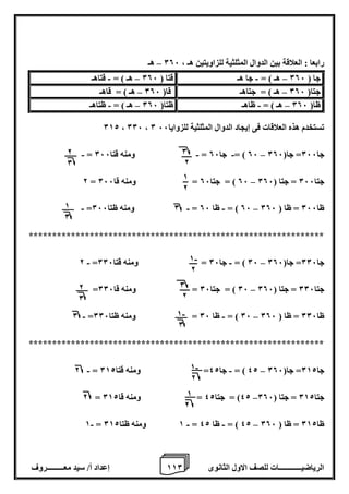 1 إعداد أ/ سيد معـــــــــروف 1 الرياضيــــــــــــات للصف الاول الثانوى 0 
رابعا : العلاقة بين الدوال المثلثية للزاويتين هـ ، 006 هـ – 
012 ، 006 ، 0 تستخدم هذه العلاقات فى إيجاد الدوال المثلثية للزوايا 66 
06 ( = جا 06 = ومنه قتا 066 = ــــــ – - - - جا 066 = جا) 006 
– 2 = 06 ( = جتا 06 = ومنه قا 066 جتا 066 = جتا ) 006 
0 ومنه ظتا 066 = ــــــ – - - - = 06 ( = ظا 06 ظا 066 = ظا ) 006 
*************************************************************** 
- - – 2 = 06 ( = جا 06 = ومنه قتا 006 جا 006 = جا) 006 
06 ( = جتا 06 = ومنه قا 006 = ــــــ – جتا 006 = جتا ) 006 
- - – 0 = 06 ( = ظا 06 = ــــــ ومنه ظتا 006 ظا 006 = ظا ) 006 
*************************************************************** 
- - – 2 = 42 ( = جا 42 = ومنه قتا 012 جا 012 = جا) 006 
– 2 = 42 ( = جتا 42 = ومنه قا 012 جتا 012 = جتا ) 006 
- - - – 1 = 1 ومنه ظتا 012 = 42 ( = ظا 42 ظا 012 = ظا ) 006 
جا ) 006 هـ ( = جا هـ قتا ) 006 هـ ( = قتاهـ – – - - 
جتا) 006 هـ ( = جتاهـ قا) 006 هـ ( = قاهـ – – 
ظا) 006 هـ ( = ظاهـ ظتا) 006 هـ ( = ظتاهـ – – - - 
0 
2 
- 1 
2 
1 
2 
2 
0 
1 
0 
0 
2 
1 
2 
- 1 
2 
2 
0 
- 1 
0 
 