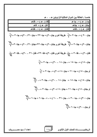 1 إعداد أ/ سيد معـــــــــروف 1 الرياضيــــــــــــات للصف الاول الثانوى 4 
خامساً : العلاقة بين الدوال المثلثية للزاويتين هـ ، هـ – 
- - - - - = 06 (= جا 06 جا) 06 ( = جا 06 = طريقة أخرى جا) 06 ( = جا 006 = جا) 006 
- - - = 06 ( = جتا 06 جتا) 06 ( = جتا 06 = طريقة أخرى جتا) 06 ( = جتا 006 =جتا) 006 
06 (= ظا 06 = ـــــ – - - - - ظا) 06 ( = ظا 06 = ـــــــ طريقة أخرى ظا) 06 (= ظا 006 = ظا) 006 
- - - - – = 06 ( = جا 06 جا) 126 ( = جا 126 = جا) 176 
- - = 06 ( = جا 06 + أو جا) 126 ( = جا 216 = جا) 176 
- - - – = 06 ( = جتا 06 جتا) 126 ( = جتا 126 = جتا) 176 
- - - = 06 ( = جتا 06 + أو جتا) 126 ( = جتا 216 = جتا) 176 
- - - - - – = جا 06 = جا 06 × = ) 06 جا) 066 ( = جا 066 = جا) 006 
- = أو جا) 066 ( = جا 06 
جا ) هـ ( = جا هـ قتا ) هـ ( = قتاهـ – – - - 
جتا) هـ ( = جتاهـ قا) هـ ( = قاهـ – – 
ظا) هـ ( = ظاهـ ظتا) هـ ( = ظتاهـ – – - - 
0 
2 
- 1 
2 
0 
2 
- 1 
0 
- 1 
2 
0 
2 
- 1 
0 
- 1 
2 
- 1 
2 
0 
2 
0 
2 
0 
2 
 