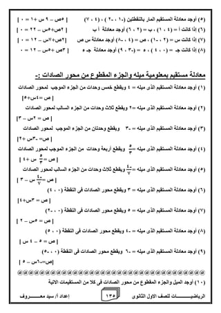 1 إعداد أ/ سيد معـــــــــروف 0 الرياضيــــــــــــات للصف الاول الثانوى 2 
- - – ] 6 = 2ص 8 س + 1 [ )8 ، 4( ، ) 2 ، 2( أوجد معادلة المستقيم المار بالنقطتين ) 1 ( 
– ] 6 = 0( أوجد معادلة أ ب ] 2ص+ 2س 22 ، 1( ، ب = ) 2 ، 0( إذا كانت أ = ) 4 ( 
- - – ] 6 = 7( أوجد معادلة س ص ] 2ص+ 8س 12 ، 1( ، ص = ) 4 ، 8( إذا كانت س = ) 2 ( 
- – 6 = 8( أوجد معادلة جـ ء ] 0ص + 2س 12 ، 4 ( ، ء = ) 0 ، 7( إذا كانت جـ = ) 6 ( 
معادلة مستقيم بمعلومية ميله والجزء المقطوع من محور الصادات :- 
1( أوجد معادلة المستقيم الذى ميله = 4 ويقطع خمس وحدات من الجزء الموجب لمحور الصادات ( 
] ] ص = 4س+ 2 
2( أوجد معادلة المستقيم الذى ميله = 2 ويقطع ثلاث وحدات من الجزء السالب لمحور الصادات ( 
– ] ] ص = 2س 0 
0( أوجد معادلة المستقيم الذى ميله = 0 ويقطع وحدتان من الجزء الموجب لمحور الصادات - ( 
- ] ] ص= 0س + 2 
4( أوجد معادلة المستقيم الذى ميله = ويقطع أربعة وحدات من الجزء الموجب لمحور الصادات ( 
] ] ص = س + 4 
2( أوجد معادلة المستقيم الذى ميله = ويقطع ثلاث وحدات من الجزء السالب لمحور الصادات ( 
– ] ] ص = س 0 
)4 ، 0( أوجد معادلة المستقيم الذى ميله = 0 ويقطع محور الصادات فى النقطة ) 6 ( 
] ] ص = 0س+ 4 
- )2 ، 8( أوجد معادلة المستقيم الذى ميله = 2 ويقطع محور الصادات فى النقطة ) 6 ( 
– ] ] ص = 2س 2 
- )2 ، 7( أوجد معادلة المستقيم الذى ميله = 4 ويقطع محور الصادات فى النقطة ) 6 ( 
4 س [ – ] ص = 2 
- - )2 ، 8( أوجد معادلة المستقيم الذى ميله = 0 ويقطع محور الصادات فى النقطة ) 6 ( 
- – ] ]ص= 0س 2 
@@@@@@@@@@@@@@@@@@@@@@@@@@@@@@@@@@ 
16 ( أوجد الميل والجزء المقطوع من محور الصادات فى كلا من المستقيمات الاتية ( 
2 
0 
2 
0 
- 4 
8 
- 4 
8 
 