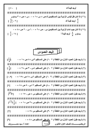 1 إعداد أ/ سيد معـــــــــروف 4 الرياضيــــــــــــات للصف الاول الثانوى 4 
] أوجد قيمة ك ] ، 4 
@@@@@@@@@@@@@@@@@@@@@@@@@@@@@@@@@@ 
6 ، س + ص = 0 يساوى = 10 ( إذا كان ظل قياس الزاوية بين المستقيمين ك ص + س + 1 ( 
] ، أوجد قيمة ك ] 2 
@@@@@@@@@@@@@@@@@@@@@@@@@@@@@@@@@@ 
– – 6 = 6 ، أ س 2 ص + 4 = 18 ( إذا كان جيب تمام الزاوية بين المستقيمين س ص + 0 ( 
] ، يساوى أوجد قيمة أ ] 14 
] [ 6 = 1( على المستقيم 0س + 4 ص + 1 ، 1( أوجد طول العمود النازل من النقطة ) 2 ( 
@@@@@@@@@@@@@@@@@@@@@@@@@@@@@@@@@@ 
- ] [ 6 = 1( على المستقيم 4س 0 ص + 2 ، 2( أوجد طول العمود النازل من النقطة ) 2 ( 
@@@@@@@@@@@@@@@@@@@@@@@@@@@@@@@@@@ 
- ]6.2[ 6 = 1( على المستقيم 0س + 7 ص + 12 ، 0( أوجد طول العمود النازل من النقطة ) 0 ( 
@@@@@@@@@@@@@@@@@@@@@@@@@@@@@@@@@@ 
- - ]4[ 6 = 4( على المستقيم 12 س 2 ص + 7 ، 4( أوجد طول العمود النازل من النقطة ) 2 ( 
@@@@@@@@@@@@@@@@@@@@@@@@@@@@@@@@@@ 
- ]2 0[ 6 = 1( على المستقيم س + ص 12 ، 2( أوجد طول العمود النازل من النقطة ) 2 ( 
@@@@@@@@@@@@@@@@@@@@@@@@@@@@@@@@@@ 
]16 [ 6 = 4( على المستقيم س + 0 ص + 1 ، 0( أوجد طول العمود النازل من النقطة ) 2 ( 
@@@@@@@@@@@@@@@@@@@@@@@@@@@@@@@@@@ 
]8[ 6 = 0( على المستقيم س + 2 ، 8( أوجد طول العمود النازل من النقطة ) 2 ( 
@@@@@@@@@@@@@@@@@@@@@@@@@@@@@@@@@@ 
]8[ 6 = 2( على المستقيم ص + 4 ، 7( أوجد طول العمود النازل من النقطة ) 2 ( 
0 
4 
- 2 
11 
2 
8 
4 
2 
البعد العمودى 
2 
0 
8 
2 
11 
2 
 
