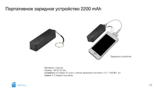 Портативное зарядное устройство 2200 mAh 
11 
Зарядное устройство 
Материал: пластик. 
Размер : 98*25*22 мм. 
Стоимость на тираж 70 штук с учётом нанесения логотипа 1+0 = 1330 i/1 шт. 
Сроки: 2-3 недели под заказ. 
GiftsPro.ru 
 