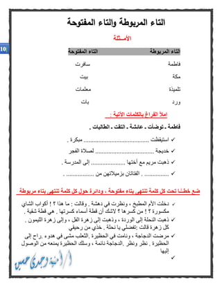 ‫األمــثلة‬
‫ا‬‫المربوطة‬ ‫لتاء‬‫المفتوحة‬ ‫التاء‬
‫فاطمة‬‫سافرت‬
‫مكة‬‫بيت‬
‫تلميذة‬‫معلمات‬
‫ورد‬‫بات‬
‫اآلتية‬ ‫بالكلمات‬ ‫الفراغ‬ ‫امأل‬:
. ‫الطالبات‬ ‫ـ‬ ‫التقت‬ ‫ـ‬ ‫عائشة‬ ‫ـ‬ ‫توضأت‬ ‫ـ‬ ‫فاطمة‬
.. ‫استيقظت‬...................................... ‫مبكرة‬ .
... ‫خديجة‬.................................‫الفجر‬ ‫لصالة‬
.. ‫أختها‬ ‫مع‬ ‫مريم‬ ‫ذهبت‬................... ‫المدرسة‬ ‫إلى‬ .
................. ‫من‬ ‫بزميالتهن‬ ‫الفتاتان‬ ................ .
‫مربوطة‬ ‫بتاء‬ ‫تنتهى‬ ‫كلمة‬ ‫كل‬ ‫حول‬ ‫ودائرة‬ ، ‫مفتوحة‬ ‫بتاء‬ ‫تنتهى‬ ‫كلمة‬ ‫كل‬ ‫تحت‬ ‫ـا‬ًّ‫خطــ‬ ‫ضع‬
! ‫؟‬ ‫هذا‬ ‫ما‬ : ‫وقالت‬ . ‫دهشة‬ ‫في‬ ‫ونظرت‬ ، ‫المطبخ‬ ‫األم‬ ‫دخلت‬‫الشاي‬ ‫أكواب‬
‫ق‬ ‫أن‬ ‫الشك‬ ‫؟‬ ‫كسرها‬ ‫من‬ ! ‫؟‬ ‫مكسورة‬. ‫شقية‬ ‫قطة‬ ‫هي‬ . ‫كسرتها‬ ‫أسماء‬ ‫طة‬
، ‫الفل‬ ‫زهرة‬ ‫إلى‬ ‫وذهبت‬ ، ‫الوردة‬ ‫إلى‬ ‫النحلة‬ ‫ذهبت‬. ‫الليمون‬ ‫زهرة‬ ‫وإلى‬
‫رحيق‬ ‫من‬ ‫خذي‬ . ‫نحلة‬ ‫يا‬ ‫:تفضلي‬ ‫قالت‬ ‫زهرة‬ ‫كل‬‫ي‬
‫م‬‫إلى‬ ‫.راح‬ ‫هدوء‬ ‫في‬ ‫مشى‬ ‫.الثعلب‬ ‫الحظيرة‬ ‫في‬ ‫ونامت‬ ، ‫الدجاجة‬ ‫رضت‬
‫الوصول‬ ‫من‬ ‫يمنعه‬ ‫الحظيرة‬ ‫وسلك‬ ، ‫نائمة‬ ‫.الدجاجة‬ ‫ونظر‬ ‫نظر‬ . ‫الحظيرة‬
‫إليها‬

‫ا‬ ‫التاء‬‫المفتوحة‬ ‫التاء‬‫و‬ ‫لمربوطة‬
 