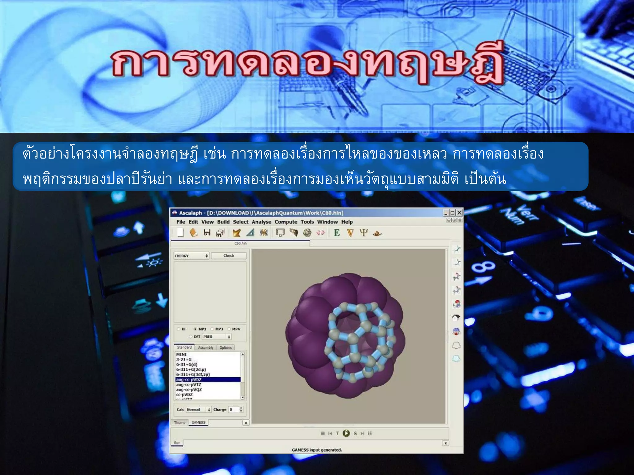 ตัวอย่างโครงงานจาลองทฤษฎี เช่น การทดลองเรื่องการไหลของของเหลว การทดลองเรื่อง
พฤติกรรมของปลาปิรันย่า และการทดลองเรื่องการมองเห็นวัตถุแบบสามมิติ เป็นต้น
 