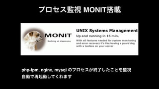 プロセス監視 MONIT搭載! 
php-fpm, nginx, mysql のプロセスが終了したことを監視 
自動で再起動してくれます 
 