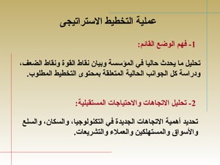 عملية التخطيط الستراتيجى 
-1 فتهم الوضع القائم: 
تحليل ما يحدث حاليا فتي المؤسسة وبيان نقاط القوة ونقاط الضعف، 
ودراسة كل الجوانب الحالية المتعلقة بمحتوى التخطيط المطلوب. 
-2 تحليل التجاهدات والحتياجات المستقبلية: 
تحديد أهدمية التجاهدات الجديدة فتي التكنولوجيا، والسكان، والسلع 
والسواق والمستهلكين والعملء  والتشريعات. 
 