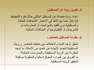 -3 تكوين رؤية عن المستقبل: 
إعداد رؤية مفصلة عن المستقبل المثالي خلل  فترة التخطيط 
20-10 عاماً  مع الخذ في العتبار التججاهات الحالية 
والمستقبلية دون التقيد بالميزانيات أو الممارسات أو 
التشريعات أو التكنولوجيا أو المشكلت الحالية. 
-4 مقارنة المستقبل بالحاضر: 
تجحليل أوجه الشبه والختلف  بين تجحليلنا للحاضر ورؤيتنا 
المستقبلية لتحديد الجابة عن العديد من السئلة: ما أوجه 
المقارنة بين الرؤية المستقبلية والممارسات الحالية؟ 
ما الفروق بين الموارد المتوفرة حالياً  والمطلوبة مستقبلً  
لتحقيق الرؤية المستقبلية. 
 