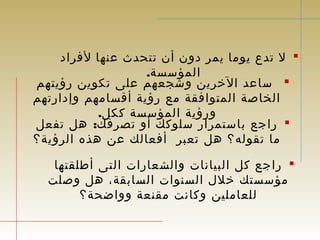 ل تدع يوما يمر دون أن تتحدث عنها لفراد  
المؤسسة. 
ساعد الخرين وشجعهم على تكوين رؤيتهم  
الخاصة المتوافقة مع رؤية أقسامهم وإدارتهم 
ورؤية المؤسسة ككل. 
راجع باستمرار سلوكك أو تصرفك: هل تفعل  
ما تقوله؟ هل تعبر أفعالك عن هذه الرؤية؟ 
راجع كل البيانات والشعارات التى أطلقتها  
مؤسستك خلل السنوات السابقة، هل وصلت 
للعاملين وكانت مقنعة وواضحة؟ 
 