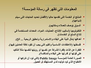 المعلومات التى تظهر فى رسالة المؤسسة؟ 
المنتج أو الخدمة التى تقدمها حاليا (الفضل تحديد الحاجات التى سيتم  
إشباعها). 
السوق (وصف للعملء  ومكانهم).  
التكنولوجيا (أساليب النتاج، العمليات، المواد، المعدات المستخدمة في  
إنتاج السلع أو الخدمات). 
أهدافها (مثل النية على البقاء  والستمرارية وتحقيق الربحية ... الخ).  
فلسفتها (العتقادات الساسية والقيم التي يجب أن تقود كافة العاملين فيها).  
الفكرة عن الذات (فكرة الشركة عن نفسها أو رؤيتها لنفسها مثلً:  التأكيد  
على قوتها أو قدرتها على البقاء  والمنافسة). 
التي تود أن تتركها أو ) Public Image الصورة العامة للمؤسسة  
النطباع الذي تود توليده لدى المستهلك أو العميل. 
 