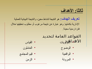 ثرالثا: الهداف 
تعريف الهدف: هو النتيجة لنشاط معين، والنتيجة النهائية للعملية 
الدارية بكاملها. وهو عبارة عن نتيجة مرغوب أو مطلوب تجحقيقها خلل  
فترة زمنية معينة. 
القواعد العامة لتحديد 
دا الفول:ويات  اله 
الوضوح  
الواقعية  
المرونة  
القياس  
العاملون  
قيم المجتمع  
الزمن  
 