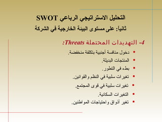 SWOT التحليل الستتراتيجي الرباعي 
ثانياً: : ع على مستوى البيئة الخارجية في الشركة 
:Threats -4 التهديدات المحتملة 
داخول منافسة أجنبية بتكلفة منخفضة.  
المنتجات البديلة.  
بطء في التطور.  
تغيرات ستلبية في النظم والقوانتين.  
تغيرات ستلبية في قوى المجتمع.  
التغيرات السكانتية.  
تغير أذواق واحتياجات المواطنين.  
 