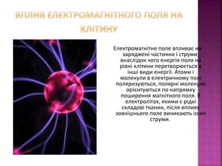 Електромагнітне поле впливає на 
заряджені частинки і струми, 
внаслідок чого енергія поля на 
рівні клітини перетворюється в 
інші види енергії. Атоми і 
молекули в електричному полі 
поляризуються, полярні молекули 
орієнтуються по напрямку 
поширення магнітного поля. В 
електролітах, якими є рідкі 
складові тканин, після впливу 
зовнішнього поле виникають іонні 
струми. 
 