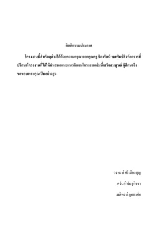 กิตติกรรมประกาศ 
โครงงานนี้สำเร็จลุล่วงได้ด้วยความกรุณาจากคุณครู ธิดารัตน์ พลพันธ์สิงห์อาจารที่ ปรึกษาโครงงานที่ได้ให้คำเสนอแนะแนวคิดจนโครงงานเล่มนี้เสร็จสมบูรณ์ ผู้ศึกษาจึง ขอขอบพระคุณเป็นอย่างสูง 
วรพงษ์ ศรีเมืองบุญ 
ศรันย์ พันธุกิจจา 
เนติพงษ์ ภูกองชัย  