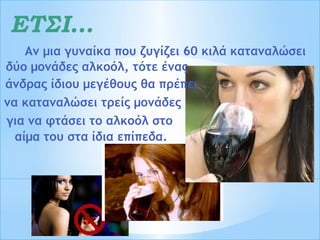 ΕΤΣΙ… 
Αν μια γυναίκα που ζυγίζει 60 κιλά καταναλώσει 
δύο μονάδες αλκοόλ, τότε ένας 
άνδρας ίδιου μεγέθους θα πρέπει 
να καταναλώσει τρείς μονάδες 
για να φτάσει το αλκοόλ στο 
αίμα του στα ίδια επίπεδα. 
 