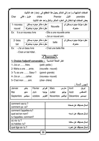عند التأنيث ( ère) فى المذكر يحول هذا المقطع إلى ( er ) الصفات المنتهية بـ 
Cher عزيز - غالى chère Premier الأول première 
بع الصفات لها شكلان فى المفرد المذكر وشكل واحد عند التأنيث 
10 
1- nouveau 
nouvel 
مفرد مذكر مبدوء بساكن 
Nouvelle 
مفرد مؤنث مبدوء بساكن أو 
متحرك مفرد مذكر مبدوء بمتحرك 
Ex: Il a un nouveau livre - Elle a une nouvelle amie 
- J'ai un nouvel ami . 
2- beau 
bel 
مفرد مذكر مبدوء بساكن 
belle 
مفرد مؤنث مبدوء بساكن أو 
متحرك مفرد مذكر مبدوء بمتحرك 
Ex: - J'ai un beau livre - C'est une belle fille 
- C'est un bel hôtel . 
Exercices 
1- Choisis l'adjectif convenable :- اختر الصفة المناسبة 
1- J'ai un …….frère. (petit- petite ) 
2- Maha a une …..amie. (nouvelle - nouvel) 
3- Tu as une ……. Soeur ? (grand- grande) 
4- J'ai un ……..cahier. (nouveau- nouvel) 
5- C'est mon ……ami. (cher- chère) 
شهور السنة : 
Avril إبريل 
Août أغسطس 
Décembre ديسمبر 
Mars مارس 
Juillet يوليو 
Novembre نوفمبر 
Février فبراير 
Juin يونيه 
octobre أكتوبر 
Janvier يناير 
Mai مايو 
Septembre سبتمبر 
comment vas-tu ? 
comment ça- va? 
تسأل صديقك عن صحته 
comment t'appelles-tu? 
quel est ton nom? 
tu t'appelles- comment? 
تسأل صديقك عن اسمه 
où vis- tu ? 
où habites- tu? 
تسأل صديقك عن سكنه 
quel âge as- tu ? تسأل صديقك عن عمره 
 