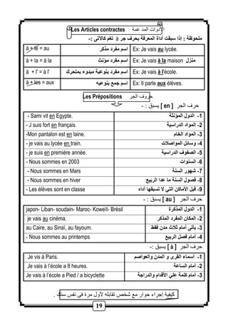 Les Articles contractes الأدوات المد غمة 
تغم كالآتى :- à ملحوظة : إذا سبقت أداة المعرفة بحرف جر 
à + le = au اسم مفرد مذكر Ex: Je vais au lycée. 
à + la = à la اسم مفرد مؤنث Ex: Je vais à la maison منزل 
à + l' = à l' اسم مفرد بنوعية مبدوء بمتحرك Ex: Je vais à l'école. 
à + les = aux اسم جمع بنوعيه Ex: Il parle aux élèves. 
Les Prépositions حروف الجر 
19 
يسبق : - [ en ] حرف الجر 
- - Sami vit en Egypte. -1 الدول المؤنثة 
- J suis fort en français. -2 المواد الدراسية 
-Mon pantalon est en laine. -3 المواد الخام 
- je vais au lycée en train. -4 وسائل المواصلات 
- je suis en première année. -5 الصفوف الدراسية 
- Nous sommes en -6 السنوات 2003 
- Nous sommes en Mars -7 شهور السنة 
- Nous sommes en hiver -8 فصول السنة ما عدا الربيع 
- Les élèves sont en classe -9 قبل الأماكن التي لا تسبقها آداه 
يسبق : - [ au ] حرف الجر 
japon- Liban- soudain- Maroc- Koweït- Brésil -1 الدول المذكرة 
je vais au cinéma. -2 المكان المفرد المذكر 
au Caire, au Sinaï, au fayoum. -3 يأتى أمام ثلاث مدن فقط 
- Nous sommes au printemps -4 أمام فصل الربيع 
يسبق :- [ à ] حرف الجر 
Je vis à Paris. -1 أسماء القرى و المدن والعواصم 
Je vais à l’école a 8 heures. -2 أمام الساعة 
Je vais à l’école a Pied / a bicyclette -3 أمام كلمة علي الأقدام والدراجة 
كيفية إجراء حوار مع شخص تقابله لأول مرة فى نفس سنك . 
 