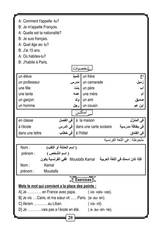 20 
A: Comment t'appelle -tu? 
B: Je m'appelle François. 
A: Quelle est ta nationalité? 
B: Je suis français. 
A: Quel âge as- tu? 
B: J'ai 15 ans. 
A: Où habites-tu? 
B: J'habite à Paris. 
شخصيات 
un élève 
un professeur 
une fille 
une tante 
un garçon 
un homme 
تلميذ 
مدرس 
بنت 
عمه 
ولد 
رجل 
un frère 
un camarade 
un père 
une mère 
un ami 
un cousin 
أخ 
زميل 
أب 
أم 
صديق 
ابن عم 
اماكــن 
en classe 
à l'école 
dans une lettre 
فى الفصل 
فى الدرس 
فى خطاب 
à la maison 
dans une carte scolaire 
à l'hôtel 
فى المنزل 
فى بطاقة مدرسية 
فى الفندق 
ملحوظة : في اللغة الفرنسية 
Nom : ) ) اسم العائلة أو اللقب 
prénom : ) ) اسم الشخص 
ففي الفرنسية يكون Moustafa Kamal فإذا كان اسمك في اللغة العربية 
Nom : Kamal 
prénom : Moustafa 
Exercices 
Mets le mot qui convient a la place des points : 
A] Je ………… en France avec papa. ( va- vais- vas). 
B] Je vis ….Caire, et ma soeur vit ……Paris. (a- au- en). 
C] Akram …………au Liban. ( vis- vit). 
D] Je …………vais pas a l’école en été. ( a- au- en- ne). 
 