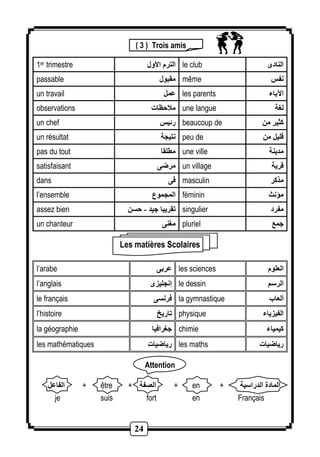 ( 3 ) Trois amis 
1er trimestre الترم الأول le club النادى 
passable مقبول même نفس 
un travail عمل les parents الآباء 
observations ملاحظات une langue لغة 
un chef رئيس beaucoup de كثير من 
un résultat نتيجة peu de قليل من 
pas du tout مطلقا une ville مدينة 
satisfaisant مرضى un village قرية 
dans فى masculin مذكر 
l’ensemble المجموع féminin مؤنث 
assez bien تقريبا جيد - حسن singulier مفرد 
un chanteur مغنى pluriel جمع 
Les matières Scolaires 
l’arabe عربى les sciences العلوم 
l’anglais إنجليزى le dessin الرسم 
le français فرنسى la gymnastique ألعاب 
l’histoire تاريخ physique الفيزياء 
la géographie جغرافيا chimie كيمياء 
les mathématiques رياضيات les maths رياضيات 
24 
Attention 
الفاعل + être + الصفة + en + المادة الدراسية 
je suis fort en Français 
 