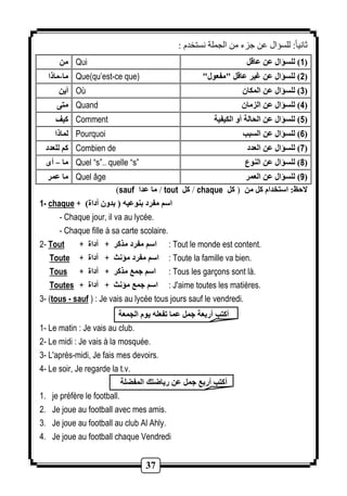 37 
ثانيا:ً للسؤال عن جزء من الجملة نستخدم : 
من Qui 1( للسؤال عن عاقل ( 
ما-ماذا Que(qu’est-ce que) " 2( للسؤال عن غير عاقل "مفعول ( 
أين Où 3( للسؤال عن المكان ( 
متى Quand 4( للسؤال عن الزمان ( 
كيف Comment 5( للسؤال عن الحالة أو الكيفية ( 
لماذا Pourquoi 6( للسؤال عن السبب ( 
كم للعدد Combien de 7( للسؤال عن العدد ( 
ما – أى Quel “s”.. quelle “s” 8( للسؤال عن النوع ( 
ما عمر Quel âge 9( للسؤال عن العمر ( 
sauf ما عدا / tout كل / chaque لاحظ: استخدام كل من كل 
1- chaque + ) اسم مفرد بنوعيه ) بدون أداة 
- Chaque jour, il va au lycée. 
- Chaque fille à sa carte scolaire. 
2- Tout + اسم مفرد مذكر + أداة : Tout le monde est content. 
Toute + اسم مفرد مؤنث + أداة : Toute la famille va bien. 
Tous + اسم جمع مذكر + أداة : Tous les garçons sont là. 
Toutes + اسم جمع مؤنث + أداة : J'aime toutes les matières. 
3- (tous - sauf ) : Je vais au lycée tous jours sauf le vendredi. 
أكتب أربعة جمل عما تفعله يوم الجمعة 
1- Le matin : Je vais au club. 
2- Le midi : Je vais à la mosquée. 
3- L'après-midi, Je fais mes devoirs. 
4- Le soir, Je regarde la t.v. 
أكتب أربع جمل عن رياضتك المفضلة 
1. je préfère le football. 
2. Je joue au football avec mes amis. 
3. Je joue au football au club Al Ahly. 
4. Je joue au football chaque Vendredi 
 
