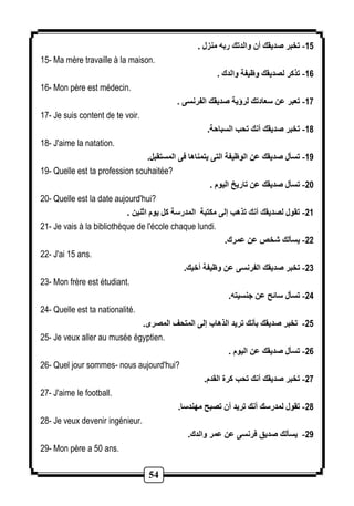 54 
-15 تخبر صديقك أن والدتك ربه منزل . 
15- Ma mère travaille à la maison. 
-16 تذكر لصديقك وظيفة والدك . 
16- Mon père est médecin. 
-17 تعبر عن سعادتك لرؤية صديقك الفرنسى . 
17- Je suis content de te voir. 
-18 تخبر صديقك أنك تحب السباحة. 
18- J'aime la natation. 
-19 تسأل صديقك عن الوظيفة التى يتمناها فى المستقبل. 
19- Quelle est ta profession souhaitée? 
-21 تسأل صديقك عن تاريخ اليوم . 
20- Quelle est la date aujourd'hui? 
-21 تقول لصديقك أنك تذهب إلى مكتبة المدرسة كل يوم اثنين . 
21- Je vais à la bibliothèque de l'école chaque lundi. 
-22 يسألك شخص عن عمرك. 
22- J'ai 15 ans. 
-23 تخبر صديقك الفرنسى عن وظيفة أخيك. 
23- Mon frère est étudiant. 
-24 تسأل سائح عن جنسيته. 
24- Quelle est ta nationalité. 
-25 تخبر صديقك بأنك تريد الذهاب إلى المتحف المصرى. 
25- Je veux aller au musée égyptien. 
-26 تسأل صديقك عن اليوم . 
26- Quel jour sommes- nous aujourd'hui? 
-27 تخبر صديقك أنك تحب كرة القدم. 
27- J'aime le football. 
-28 تقول لمدرسك أنك تريد أن تصبح مهندسا. 
28- Je veux devenir ingénieur. 
-29 يسألك صديق فرنسى عن عمر والدك. 
29- Mon père a 50 ans. 
 
