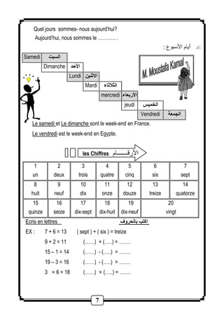 Quel jours sommes- nous aujourd’hui? 
Aujourd’hui, nous sommes le ……….. . 
7 
أيام الأسبوع : 
Samedi السبت 
Dimanche الأحد 
Lundi الاثنين 
Mardi الثلاثاء 
mercredi الأربعاء 
jeudi الخميس 
Vendredi الجمعة 
Le samedi et Le dimanche sont le week-end en France. 
Le vendredi est le week-end en Egypte. 
les Chiffres الأرلـــــــام 
1 
un 
2 
deux 
3 
trois 
4 
quatre 
5 
cinq 
6 
six 
7 
sept 
8 
huit 
9 
neuf 
10 
dix 
11 
onze 
12 
douze 
13 
treize 
14 
quatorze 
15 
quinze 
16 
seize 
17 
dix-sept 
18 
dix-huit 
19 
dix-neuf 
20 
vingt 
Ecris en lettres اكتب بالحروف 
EX : 7 + 6 = 13 ( sept ) + ( six ) = treize 
9 + 2 = 11 (……) + (…..) = ……. 
15 – 1 = 14 (……) - (…..) = ……. 
19 – 3 = 16 (……) - (…..) = ……. 
3 × 6 = 18 (……) × (…..) = ……. 
 