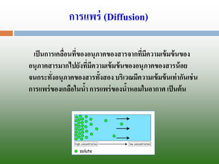 เป็นการเคลื่อนที่ของอนุภาคของสารจากที่มีความเข้มข้นของ อนุภาคสารมากไปยังที่มีความเข้มข้นของอนุภาคของสารน้อย จนกระทั่งอนุภาคของสารทั้งสอง บริเวณมีความเข้มข้นเท่ากันเช่น การแพร่ของเกลือในน้า การแพร่ของน้าหอมในอากาศ เป็นต้น 
การแพร่ (Diffusion)  