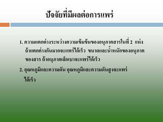 1. ความแตกต่างระหว่างความเข้มข้นของอนุภาคสารในที่ 2 แห่ง ถ้าแตกต่างกันมากจะแพร่ได้เร็ว ขนาดและน้าหนักของอนุภาค ของสาร ถ้าอนุภาคเล็กเบาจะแพร่ได้เร็ว 
2. อุณหภูมิและความดัน อุณหภูมิและความดันสูงจะแพร่ 
ได้เร็ว 
ปัจจัยที่มีผลต่อการแพร่  