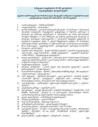 168 
საშუალო საფე ხურის (X-XII კლასე ბის) 
სავალდე ბულო ლიტე რატურა 
(ქვემ ოთ წ არ მ ოდგენ ილი ჩ ამ ო ნ ათ ვალი შ ეადგენ ს ს აშუალო ს აფ ეხურ ის ათ ვის 
გან კუთ ვნ ილი მ თლიან ი შ ინ აარ ს ის 6 0 პრ ო ცე ნ ტს ) 
1. იაკობ ცურტაველი - „შუშანიკის წამება"; 
2. იოვანე საბანისძე - „აბოს წამება"; 
3. გიორგი მერჩულე - „გრიგოლ ხანძთელის ცხოვრება“, 12 ეპიზოდი: 1. გრიგოლის 
ცხოვრება სასულიერო მოღვაწეობის დაწყებამდე; 2. ზენონის ეპიზოდი; 3. 
გრიგოლი და გაბრიელ დაფანჩული; 4. გრიგოლისა და აშოტ კურაპალატის 
პირველი შეხვედრა; 5. საბა იშხნელისა და ბაგრატ კურაპალატის დიალოგი; 6. 
გრიგოლი დასავლეთ საქართველოში; 7. გრიგოლის შეხვედრა დედასთან; 8. 
ჯავახეთის საეკლესიო კრება; 9. ეფრემ მაწყვერელის ღვაწლი; 10. რომანული 
ეპიზოდები (აშოტი, ადარნერსე); 11. ცქირის ეპიზოდი; 12. გრიგოლის აღსასრული. 
4. შოთა რუსთაველი - „ვეფხისტყაოსანი“: „დასაწყისიდან“ „ტარიელის თათბირის“ 
ჩათვლით; „დასასრული“. 
5. სულხან-საბა ორბელიანი - „წიგნი სიბრძნე სიცრუისა“: ლეონის თავგადასავალი; 
იგავ-არაკები: „მეფე ხორასანისა“, „ძუნწი დიდვაჭარი’’, ,,უგუნური მცურავი“, 
,,სამნი ბრმანი“, ,,მეფუნდუკე და დიდვაჭარი“; 
6. დავით გურამიშვილი - „დავითიანი“: ,,ქართლის ჭირი“ (ისტორიული ნარატივი); 
,,კაცისა და საწუთროს ცილობა“; „ვაი, რა კარგი საჩინო“, „სახით სიტყვა-შუენიერო“, 
„საწუთრო სოფლის სამდურავი“; 
7. ალექსანდრე ჭავჭავაძე - „გოგჩა“; 
8. გრიგოლ ორბელიანი - „თამარ მეფის სახე ბეთანიის ეკლესიაში“, „საღამო 
გამოსალმებისა“, „პასუხი შვილთა“; 
9. ნიკოლოზ ბარათაშვილი - „მერანი", „შემოღამება მთაწმინდაზედ“, „ხმა იდუმალი“, 
„სულო ბოროტო“, „ვპოვე ტაძარი“; 
10. ილია ჭავჭავაძე - „მგზავრის წერილები“, „კაცია-ადამიანი?!“, „პასუხის პასუხი“, 
„ოთარაანთ ქვრივი“, „განდეგილი“, „ბედნიერი ერი“, „ორიოდე სიტყვა“ 
(მითითებული სახით), „ზოგიერთი რამ“ (მითითებული სახით); 
11. აკაკი წერეთელი - „გამზრდელი", „ქებათა ქება (სხვებმან სვან ღვინო...), „აღმართ- 
აღმართ"; 
12. ალექსანდრე ყაზბეგი - „ხევისბერი გოჩა"; 
13. ვაჟა-ფშაველა - „ალუდა ქეთელაური", „სტუმარ-მასპინძელი", „ბახტრიონი", „რამ 
შემქმნა ადამიანად", „კრიტიკა ბ. იპ. ვართაგავასი" (მითითებული სახით), 
„კოსმოპოლიტიზმი და პატრიოტიზმი" (მითითებული სახით); 
14. დავით კლდიაშვილი - „სამანიშვილის დედინაცვალი"; 
15. მიხეილ ჯავახიშვილი - „ჯაყოს ხიზნები"; 
16. ნიკო ლორთქიფანიძე - „შელოცვა რადიოთი"; 
17. კონსტანტინე გამსახურდია - „დიდოსტატის მარჯვენა"; 
18. პოლიკარპე კაკაბაძე - „ყვარყვარე თუთაბერი“ (I და IV მოქმ.); 
19. გალაკტიონ ტაბიძე - „თოვლი“, „სილაჟვარდე ანუ ვარდი სილაში“, „მშობლიური 
ეფემერა“, „შერიგება“, „მე და ღამე“, „მთაწმინდის მთვარე“, „ქებათა-ქება 
ნიკორწმინდას“; 
20. ტიციან ტაბიძე - „ლექსი მეწყერი“, „ანანურთან“, „პოეზია“; 
 