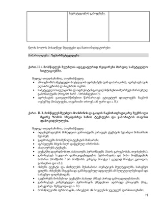 71 
სტრატეგიების გამოყენება. 
წლის ბოლოს მისაღწევი შედეგები და მათი ინდიკატორები 
მიმართულება: ზეპირ მ ეტყველებ ა 
ქართ. II.1. მ ო ს წ ავლეს შ ეუძლია ადეკვატურ ად რ ეაგირ ებ ა მ არ ტივ ს ამ ეტყველო 
ს იტუაციებ შ ი. 
შედეგი თვალსაჩინოა, თუ მოსწავლე: 
 ამოიცნობს სამეტყველო სიტუაციის ადრესანტს (ვინ ლაპარაკობს), ადრესატს (ვის 
ელაპარაკებიან) და საუბრის თემას; 
 სამეტყველო სიტუაციისა და ადრესატის გათვალისწინებით შეარჩევს მართებულ 
გამონათქვამს (როგორ ხარ? / ბრძანდებით?); 
 ადრესატის გათვალისწინებით წარმართავს ეტიკეტურ დიალოგებს ნაცნობ 
თემებზე (მიპატიჟება, თავაზიანი თხოვნა ან უარი და ა. შ.). 
ქართ. II. 2. მოსწავლეს შეუძლია მოისმინოს და გაიგოს ნ აცნობ თემატიკაზე შ ექმ ნ ილი 
მ ცირ ე ზო მ ის ს ხვადას ხვა ს ახის ტექს ტებ ი და გამ ო ხატო ს თ ავის ი 
დამ ო კიდებულებ ა. 
შედეგი თვალსაჩინოა, თუ მოსწავლე: 
 ილუსტრაციების მიხედვით გამოთქვამს ვარაუდს ტექსტის შესაძლო შინაარსის 
შესახებ; 
 გადმოსცემს მოსმენილი ტექსტის შინაარსს; 
 აგრძელებს სხვის მიერ დაწყებულ თხრობას; 
 ასათაურებს ტექსტს; 
 ტექსტზე დაყრდნობით ახასიათებს პერსონაჟებს (მათს გარეგნობას, თვისებებს); 
 გამოხატავს საკუთარ დამოკიდებულებას პერსონაჟისა და მისი მოქმედების 
მიმართ (მომწონს / არ მომწონს, კარგად მოიქცა / ცუდად მოიქცა; კეთილია, 
გონიერია და ა.შ.); 
 ისმენს ტექსტს და ასახელებს შესაბამისი თემატიკის მულტფილმს, საბავშვო 
ფილმს; იხსენებს მსგავსსა და განსხვავებულ ადგილებს ამ მულტფილმებიდან და 
საბავშვო ფილმებიდან; 
 აკავშირებს მოსმენილ ტექსტში ასახულ ამბავს პირად გამოცდილებასთან; 
 გამოხატავს კონკრეტული პერსონაჟის ქმედებით აღძრულ ემოციებს (მაგ., 
გამაკვირვა, შემეცოდა და ა. შ.); 
 მონაწილეობს პერსონაჟის, ობიექტის ან მოვლენის ჯგუფურ დახასიათებაში; 
 