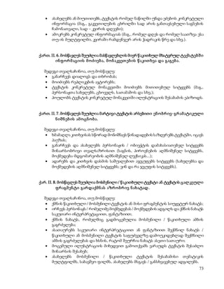  ასახელებს ან მიუთითებს, ტექსტის რომელ ნაწილში უნდა ეძებოს კონკრეტული 
ინფორმაცია (მაგ., გაკვეთილების ცხრილში სად არის განთავსებული საგნების 
ჩამონათვალი, სად – კვირის დღეები); 
 ამოკრებს კონკრეტულ ინფორმაციას (მაგ., რომელ დღეს და რომელ საათზეა ესა 
73 
თუ ის მულტფილმი, კვირაში რამდენჯერ არის ჭადრაკის წრე და სხვ.). 
ქართ. II. 6. მოსწავლეს შეუძლია მასწავლებლის მიერ წ აკითხულ მხატვრულ ტექს ტებ შ ი 
ინ ფ ო რ მ აციის მ ო ძ იებ ა, მ ო ნ აკვეთ ებ ის წ აკით ხვა და გაგებ ა. 
შედეგი თვალსაჩინოა, თუ მოსწავლე: 
 განარჩევს დიალოგს და თხრობას; 
 მოიძიებს რეპლიკების ავტორებს; 
 ტექსტის კონკრეტულ მონაკვეთში მოიძიებს მითითებულ სიტყვებს (მაგ., 
პერსონაჟთა სახელებს, ცხოველს, სათამაშოს და სხვ.); 
 პოულობს ტექსტის კონკრეტულ მონაკვეთში ილუსტრაციის შესაბამის ეპიზოდს. 
ქართ. II. 7. მოსწავლეს შეუძლია მარტივი ტექსტის არსებითი ენ ო ბრ ივ-გრ ამ ატიკული 
ნ იშ ნ ებ ის ამ ო ცნ ო ბ ა. 
შედეგი თვალსაჩინოა, თუ მოსწავლე: 
 ხმამაღლა კითხვისას სწორად მონიშნავს წინადადების საზღვრებს ტექსტში, იცავს 
პაუზას; 
 განარჩევს და ასახელებს პერსონაჟის / ობიექტის დამახასიათებელ სიტყვებს 
შინაარსობრივი თვალსაზრისით (საგნის, პიროვნების აღმნიშვნელ სიტყვებს, 
მოქმედება-მდგომარეობის აღმნიშვნელ ლექსიკას...); 
 ადარებს და კითხვის დასმის საშუალებით აჯგუფებს სიტყვებს (სახელებსა და 
მოქმედების აღმნიშვნელ სიტყვებს; ვინ და რა ჯგუფის სიტყვებს). 
ქარ. II. 8. მოსწავლეს შეუძლია მოსმენილი / წ აკითხული ტექსტი ან ტექსტის ცალკეული 
ფ რ აგმ ენ ტი გარ დაქმ ნ ას აზრ ო ბრ ივ ნ ახატად . 
შედეგი თვალსაჩინოა, თუ მოსწავლე: 
 ქმნის წაკითხული / მოსმენილი ტექსტის ან მისი ფრაგმენტის სიუჟეტურ ნახატს; 
 ირჩევს პერსონაჟს / რომელიმე მოქმედებას / მოქმედების ადგილს და ქმნის ნახატს 
საკუთარი ინტერპრეტაციით, ფანტაზიით; 
 ქმნის ნახატს, რომელშიც გადმოცემულია მოსმენილი / წაკითხული ამბის 
გაგრძელება; 
 ასათაურებს საკუთარი ინტერპრეტაციით ან ფანტაზიით შექმნილ ნახატს / 
წაკითხული ან მოსმენილი ტექსტის საფუძველზე დამოუკიდებლად შექმნილი 
ამბის გაგრძელებას და ხსნის, რატომ შეურჩია ნახატს ასეთი სათაური; 
 მოცემული ილუსტრაციის მიხედვით გამოთქვამს ვარაუდს ტექსტის შესაძლო 
შინაარსის შესახებ; 
 ასახელებს მოსმენილი / წაკითხული ტექსტის შესაბამისი თემატიკის 
მულტფილმს, საბავშვო ფილმს, ასახელებს მსგავს / განსხვავებულ ადგილებს. 
 
