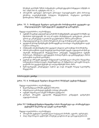 ბრუნვის ფორმებს ზმნის სინტაქსური კონსტრუქციების მიხედვით (აშენებს ის 
მას, ააშენა მან ის, აუშენებია მას ის...); 
 ამოიცნობს ადრეული პერიოდის ქართული სალიტერატურო ენის ძირითად 
ენობრივ თავისებურებებს (სახელთა ბრუნებისას, რიცხვითი ფორმების 
წარმოებისას, ზმნის უღლებისას). 
ქარ თ . VI. 5. მ ო ს წ ავლეს შ ეუძლია დის კუს იაშ ი მ ო ნ აწ ილეო ბ ის ჯგუფ ურ ი და 
105 
ინდივიდუალურ ი ს ტრ ატეგიებ ის ეფ ექტურ ად გამ ო ყენ ებ ა. 
შედეგი თვალსაჩინოა, თუ მოსწავლე: 
 იყენებს მოცემულ კულტურულ გარემოში მოქმედ წესებს, ეტიკეტურ ნორმებსა და 
შესაბამის სტრატეგიებს ამა თუ იმ თემის პრეზენტაციის, დისკუსიის, კამათის 
დროს და კონკრეტულ საკითხთან დაკავშირებით აზრის გამოთქმისას; 
 ინდივიდუალურად ან თანამოაზრეებთან ერთად მონაწილეობს დისკუსიაში; 
 ჯგუფთან ერთად შეიმუშავებს, წარმოადგენს და სათანადო არგუმენტებით იცავს 
საერთო პოზიციას; 
 ინაწილებს პასუხისმგებლობას ჯგუფის სახელით გამოთქმულ მოსაზრებაზე; 
 აზრის გამოთქმისას იცავს მიღებულ ფორმალობებს (დგება აუდიტორიის წინ და 
ამყარებს მსმენელებთან მხედველობით კონტაქტს; მეტყველებისას იყენებს 
მიმართვის, მსმენელთა ყურადღების მობილიზების ა და განსხვავებული აზრის 
გამოთქმის თავაზიან ფორმებს); 
 გეგმავს და ამზადებს ჯგუფურ ან წყვილურ საკომუნიკაციო ამოცანას, სხვადასხვა 
საშუალებით (ბიბლიოთეკის, ინტერნეტის და ა.შ. მეშვეობით) აგროვებს მასალას, 
გააცნობს მას ჯგუფის წევრებს და ითვალისწინებს მათს აზრს; 
 შემოიფარგლება კონკრეტული თემით და თავს არიდებს ზოგად საკითხებზე 
მსჯელობას. 
მიმართულება: კით ხვა 
ქარ თ . VI. 6. მ ო ს წ ავლეს შ ეუძლია წ აუკით ხო ს მ ს მ ენ ელს ტექს ტი/ ნ აწ ყვეტი. 
შედეგი თვალსაჩინოა, თუ მოსწავლე: 
 წაკითხვამდე გაიაზრებს ტექსტის შინაარსს; 
 ინტონაციით გამოხატავს ტექსტში ასახულ ემოციებს; 
 იყენებს ინტონაციას სასვენი ნიშნების ფუნქციით; 
 კითხვის პროცესში ცდილობს მხედველობითი კონტაქტის დამყარებას 
აუდიტორიასთან. 
ქართ. VI. 7. მოსწავლეს შეუძლია სხვადასხვა ს ახის მ ხატვრ ული და არ ამ ხატვრ ული 
ტექს ტებ ის წ აკით ხვა და გაგებ ა-გაან ალიზებ ა. 
შედეგი თვალსაჩინოა, თუ მოსწავლე: 
 ამოიცნობს ტექსტის საკომუნიკაციო სიტუაციას (მიზანს, ავტორს, ადრესატს); 
 ახალ ინფორმაციას აკავშირებს არსებულ ცოდნასთან და გამოცდილებასთან; 
 