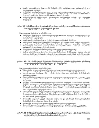  სვამს კითხვებს და მსჯელობს ნაწარმოებში დრამატულად განვითარებული 
107 
მოვლენების შესახებ; 
 საკუთარი მოსაზრების განსამტკიცებლად იშველიებს ლიტერატურულ ტექსტებს, 
რეალურ ფაქტებს, მაგალითებს პირადი ცხოვრებიდან; 
 ასოციაციურად უკავშირებს ერთმანეთს მხატვრულ ამბავსა და რეალურ 
მოვლენას. 
ქართ. VI. 10. მოსწავლეს აქვს კითხვის პროცეს ით გამ ო წ ვეული გან წ ყო ბ ილებ ის ა და 
შთ აბ ეჭდილებ ის გადმ ო ცემ ის უნ არ ი. 
შედეგი თვალსაჩინოა, თუ მოსწავლე: 
 ამოკრებს ტექსტიდან აზრობრივი თვალსაზრისით მისთვის მნიშვნელოვან და 
საინტერესო ადგილებს; 
 სვამს კითხვებს წაკითხული ტექსტის უკეთ გააზრების მიზნით; 
 ამოიცნობს მარტივ მხატვრულ სიმბოლოებს და ახდენს მათს ინტერპრეტაციას; 
 გამოთქვამს საკუთარ მოსაზრებებს ლიტერატურული ტექსტის სიუჟეტში 
განვითარებული მოვლენების შესახებ; 
 მსჯელობს პოეტურ ნაწარმოებში გამოხატულ განწყობილებაზე; 
 ასახელებს მისთვის ესთეტიკური თვალსაზრისით მიმზიდველ ადგილებს და 
ხსნის აღნიშნულ ეპიზოდში გამოყენებული მხატვრული ხერხის დანიშნულებას. 
ქარ თ . VI. 11. მ ო ს წ ავლეს შ ეუძლია ს ხვადას ხვა ტიპის ტექს ტებ ის ენ ო ბრ ივ 
თ ავის ებურ ებ ებზე დაკვირ ვებ ა და მ ს ჯელო ბ ა. 
შედეგი თვალსაჩინოა, თუ მოსწავლე: 
 ამოიცნობს ხატოვან გამონათქვამებს და მიზანმიმართულად იყენებს მათ; 
 თავისუფლად ჩაანაცვლებს უცნობ სიტყვებსა და ფრაზებს სინონიმური 
განმარტებებით; 
 ამოიცნობს სხვადასხვა მოდალობის (სურვილის, შესაძლებლობის) გამომხატველ 
სიტყვებს; 
 ერკვევა ზმნის ძირითადი კატეგორიების (პირის, რიცხვის, პირიანობის, დროის, 
კილოს) არსში და საჭიროებისამებრ იყენებს მათ: სწორად განსაზღვრავს სახელთა 
ბრუნვის ფორმებს ზმნის სინტაქსური კონსტრუქციების მიხედვით (აშენებს ის 
მას, ააშენა მან ის, აუშენებია მას ის...); 
 ამოიცნობს და განარჩევს არსებით, ზედსართავ, რიცხვით სახელებს; ამოიცნობს 
ზედსართავ სახელებს, მათს ფუნქციას; მიუთითებს ზმნიზედების როლზე ზმნუ- 
რი შინაარსის გამოხატვაში; 
 მოიძიებს სხვათა სიტყვას (-მეთქი; -თქო; -ო) და განარჩევს მისი გამოყენების 
მიზანშეწონილობასა და მართებულობას; 
 განარჩევს ზმნისწინით გამოხატულ ძირითად მნიშვნელობებს; 
 მიუთითებს წინადადების ძირითად წევრებსა და ძირითად შესიტყვებებზე. 
ქარ. VI. 12. მოსწავლეს შეუძლია მედიატექსტებ ის გაან ალიზებ ა; აქვს მ ულტიმ ედია 
ტექს ტებზე მ უშ აო ბ ის ს აწ ყის ი უნ არ -ჩ ვევებ ი. 
 