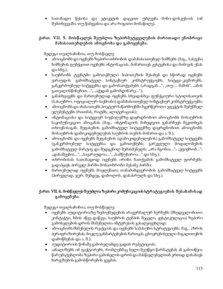  სათანადო წესისა და ეტიკეტის დაცვით უძღვება მინი-დისკუსიას (იმ 
115 
შემთხვევაში, თუ წამყვანია და არა რიგითი მონაწილე). 
ქარ თ . VII. 5 . მ ო ს წ ავლეს შ ეუძლია ზეპირ მ ეტყველებ ის ძ ირ ით ადი ენ ო ბრ ივი 
მ ახას იათ ებლებ ის ამ ო ცნ ო ბ ა და გამ ო ყენ ებ ა . 
შედეგი თვალსაჩინოა, თუ მოსწავლე: 
 ამოიცნობს და იყენებს ზეპირი თხრობის დამახასიათებელ ნიშნებს (მაგ., სასვენი 
ნიშნების ფუნქციით იყენებს ინტონაციას, მიმართავს ჟესტებისა და მიმიკის ენას 
და სხვ.); 
 საუბრობს ტექსტში გამოთქმული ჰიპოთეზის შესახებ და სწორად იყენებს 
ვარაუდის გამომხატველ სინტაქსურ კონსტრუქციებს, სიტყვა-კავშირებს, 
განკერძოებულ სიტყვებსა და გამონათქვამებს („რადგან...“, „თუ ... მაშინ“, „ამის 
გათვალისწინებით...“, „აქედან გამომდინარე...“); 
 განასხვავებს და მართებულად იყენებს სხვადასხვა ფუნქციური სტილისათვის 
(სასაუბრო, ოფიციალურ-საქმიანი) დამახასიათებელ სინტაქსურ კონსტრუქციებს; 
 ამოიცნობს და ახასიათებს პოეტურ ნაწარმოებში ბგერწერითი ეფექტის შემქმნელ 
ელემენტებს (რითმას, რიტმს, ალიტერაციას); 
 ინტონაციასა და სიტყვიერ სიგნალებზე დაყრდნობით ამოიცნობს მოსაუბრის 
საკომუნიკაციო ამოცანას (მაგ., ინტონაციის მიხედვით განარჩევს შეკითხვას 
თხოვნისაგან; შეფასების გამომხატველ სიტყვებზე დაყრდნობით ამოიცნობს 
მოსაუბრის დამოკიდებულებას საუბრის თემის მიმართ და ა. შ.); 
 ამოიცნობს და იყენებს შეფასების (დამოკიდებულების) გამომხატველ სიტყვებს 
(განკერძოებულ სიტყვებსა და გამოთქმებს; გარკვეული მოდალობების 
გამომხატველ მარტივ და შედგენილ შემასმენელს: „არა მგონია...“, „ვფიქრობ...“, 
„დასაშვებია...“, „სავარაუდოა...“, „სამწუხაროა...“ და სხვ.); 
 თხრობისას სათანადოდ იყენებს ირიბი ნათქვამის გამომხატველ ფორმებს; 
გადაჰყავს პირველ პირში მონათხრობი მესამე პირში; 
 მართებულად იყენებს მოვლენათა თანამიმდევრობის გამომხატველ სიტყვებს 
(პირველად, ჯერ, შემდეგ, დაბოლოს, დასასრულს და სხვ.). 
ქართ. VII. 6. მოსწავლეს შ ეუძლია ზეპირი კომუნიკაციის სტრ ატეგიებ ის შ ეს აბ ამ ის ად 
გამ ო ყენ ებ ა. 
შედეგი თვალსაჩინოა, თუ მოსწავლე: 
 იყენებს აუდიტორიაზე ზემოქმედების არავერბალურ ხერხებს (მხედველობითი 
კონტაქტი, ხმის აწევ-დაწევა, საუბრის ტემპის შეცვლა, ჟესტიკულაცია) ზეპირი 
გამოსვლების დროს მსმენელთა ინტერესის გასაღვივებლად; 
 ამოიცნობს მსმენელის რეაქციას და იყენებს საპასუხო სტრატეგიებს, მაგ., აზრის 
პერიფრაზირებას, მოკლე განმარტებების ჩართვას, ცხოვრებისეული მაგალითების 
დამოწმებას და ა. შ.); 
 აუდიტორიის წინაშე გამოსვლამდე გადის რეპეტიციას; 
 აანალიზებს იმ ფაქტორებს, რომლებმაც ხელი შეუწყო წარმატებას ან გამოიწვია 
წარუმატებლობა ზეპირი გამოსვლის დროს და მასწავლებელთან ერთად დასახავს 
ხარვეზების გამოსწორების გეგმას. 
 