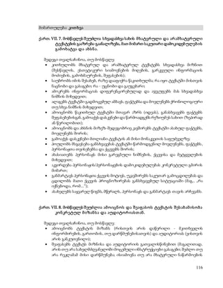116 
მიმართულება: კით ხვა 
ქართ. VII. 7. მოსწავლეს შ ეუძლია ს ხვადასხვა სახის მ ხატვრ ული და არ ამ ხატვრ ული 
ტექსტების გააზრება-გაანალიზება, მათ მიმართ საკუთარი დამოკიდებულებ ის 
გამ ო ხატვა და ახს ნ ა. 
შედეგი თვალსაჩინოა, თუ მოსწავლე: 
 კითხულობს მხატვრულ და არამხატვრულ ტექსტებს სხვადასხვა მიზნით 
(შესწავლის, ესთეტიკური სიამოვნების მიღების, გარკვეული ინფორმაციის 
მოძიების, გამოხმაურების, შეფასების); 
 საუბრობს იმის შესახებ, რაზე დააფიქრა წაკითხულმა; რა იყო ტექსტში მისთვის 
ნაცნობი და გასაგები; რა - უცნობი და გაუგებარი; 
 ამოკრებს ინფორმაციას დიფერენცირებულად და აჯგუფებს მას სხვადასხვა 
ნიშნის მიხედვით; 
 ალაგებს ტექსტში გადმოცემულ ამბავს, ფაქტებსა და მოვლენებს ქრონოლოგიური 
თუ სხვა ნიშნის მიხედვით; 
 ამოიცნობს წაკითხულ ტექსტში მთავარ აზრს (იდეას), განასხვავებს ფაქტებს 
შეფასებებისგან, გამოაქვს დასკვნები და წარმოადგენს რეზიუმ ეს სახით (ზეპირად 
ან წერილობით); 
 ამოიცნობს და ახსნის მიზეზ-შედეგობრივ კავშირებს ტექსტში ასახულ ფაქტებს, 
მოვლენებს შორის; 
 გამოაქვს დასკვნები მთლიანი ტექსტის ან მისი მონაკვეთის საფუძველზე; 
 პოულობს მსგავსება-განსხვავებას ტექსტში წარმოდგენილ მოვლენებს, ფაქტებს , 
პერსონაჟთა თვისებებსა და ქცევებს შორის; 
 ახასიათებს პერსონაჟს მისი გარეგნული ნიშნების, ქცევისა და მეტყველების 
მიხედვით; 
 აკვირდება პერსონაჟის/პერსონაჟების დამოკიდებულებას კონკრეტული გმირის 
მიმართ; 
 განმარტავს პერსონაჟთა ქცევის მოტივს, უკავშირებს საკუთარ გამოცდილებას და 
ცდილობს მათი ქცევის პროგნოზირებას განსხვავებულ სიტუაციაში (მაგ., „რა 
იქნებოდა, რომ...“); 
 ასახელებს საყვარელ წიგნს, მწერალს, პერსონაჟს და განმარტავს თავის არჩევანს. 
ქართ. VII. 8. მოსწავლეს შ ეუძლია ამ ო იცნ ო ს და შ ეაფ ას ო ს ტექს ტის შ ეს აბ ამ ის ო ბ ა 
კო ნ კრ ეტულ მ იზან ს ა და აუდიტო რ იას თ ან . 
შედეგი თვალსაჩინოა, თუ მოსწავლე: 
 ამოიცნობს ტექსტის მიზანს (რისთვის არის დაწერილი - მკითხველის 
ინფორმირების, გართობის, თუ დარწმუნებისათვის) და აუდიტორიას (ვისთვის 
არის განკუთვნილი); 
 შეაფასებს ტექსტს მიზნისა და აუდიტორიის გათვალისწინებით (მაგალითად, 
არის თუ არა სახელმძღვანელოში მოცემული ინსტრუქციები გასაგები; შეძლო თუ 
არა რეკლამამ მისი დარწმუნება; ისიამოვნა თუ არა მხატვრული ნაწარმოების 
 
