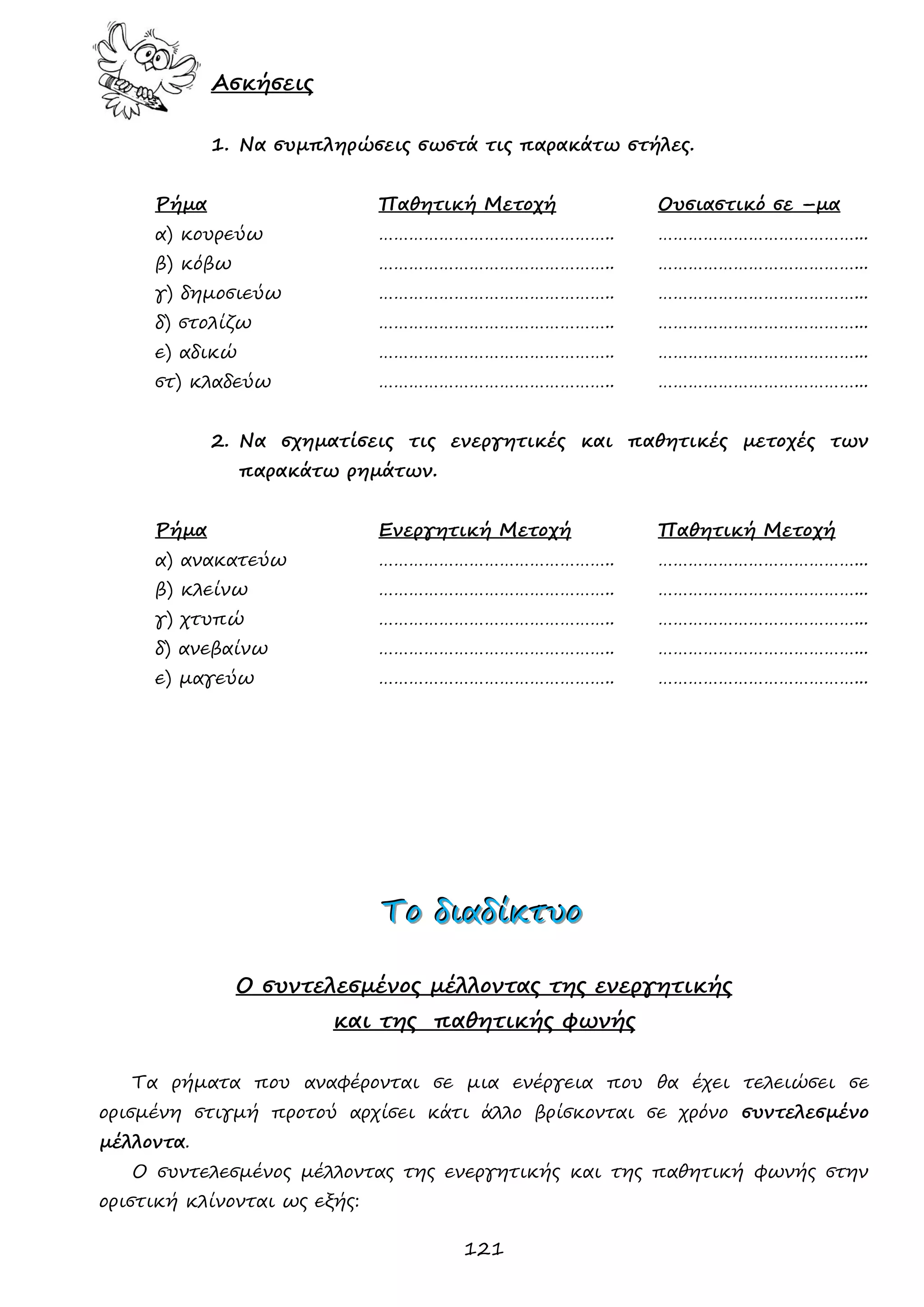 121 
Ασκήσεις 
1. Να συμπληρώσεις σωστά τις παρακάτω στήλες. 
Ρήμα Παθητική Μετοχή Ουσιαστικό σε –μα 
α) κουρεύω ……………………………………….. …………………………………... 
β) κόβω ……………………………………….. …………………………………... 
γ) δημοσιεύω ……………………………………….. …………………………………... 
δ) στολίζω ……………………………………….. …………………………………... 
ε) αδικώ ……………………………………….. …………………………………... 
στ) κλαδεύω ……………………………………….. …………………………………... 
2. Να σχηματίσεις τις ενεργητικές και παθητικές μετοχές των παρακάτω ρημάτων. 
Ρήμα Ενεργητική Μετοχή Παθητική Μετοχή 
α) ανακατεύω ……………………………………….. …………………………………... 
β) κλείνω ……………………………………….. …………………………………... 
γ) χτυπώ ……………………………………….. …………………………………... 
δ) ανεβαίνω ……………………………………….. …………………………………... 
ε) μαγεύω ……………………………………….. …………………………………... 
ΤΤΤοοο δδδιιιαααδδδίίίκκκτττυυυοοο 
Ο συντελεσμένος μέλλοντας της ενεργητικής 
και της παθητικής φωνής 
Τα ρήματα που αναφέρονται σε μια ενέργεια που θα έχει τελειώσει σε ορισμένη στιγμή προτού αρχίσει κάτι άλλο βρίσκονται σε χρόνο συντελεσμένο μέλλοντα. 
Ο συντελεσμένος μέλλοντας της ενεργητικής και της παθητική φωνής στην οριστική κλίνονται ως εξής:  