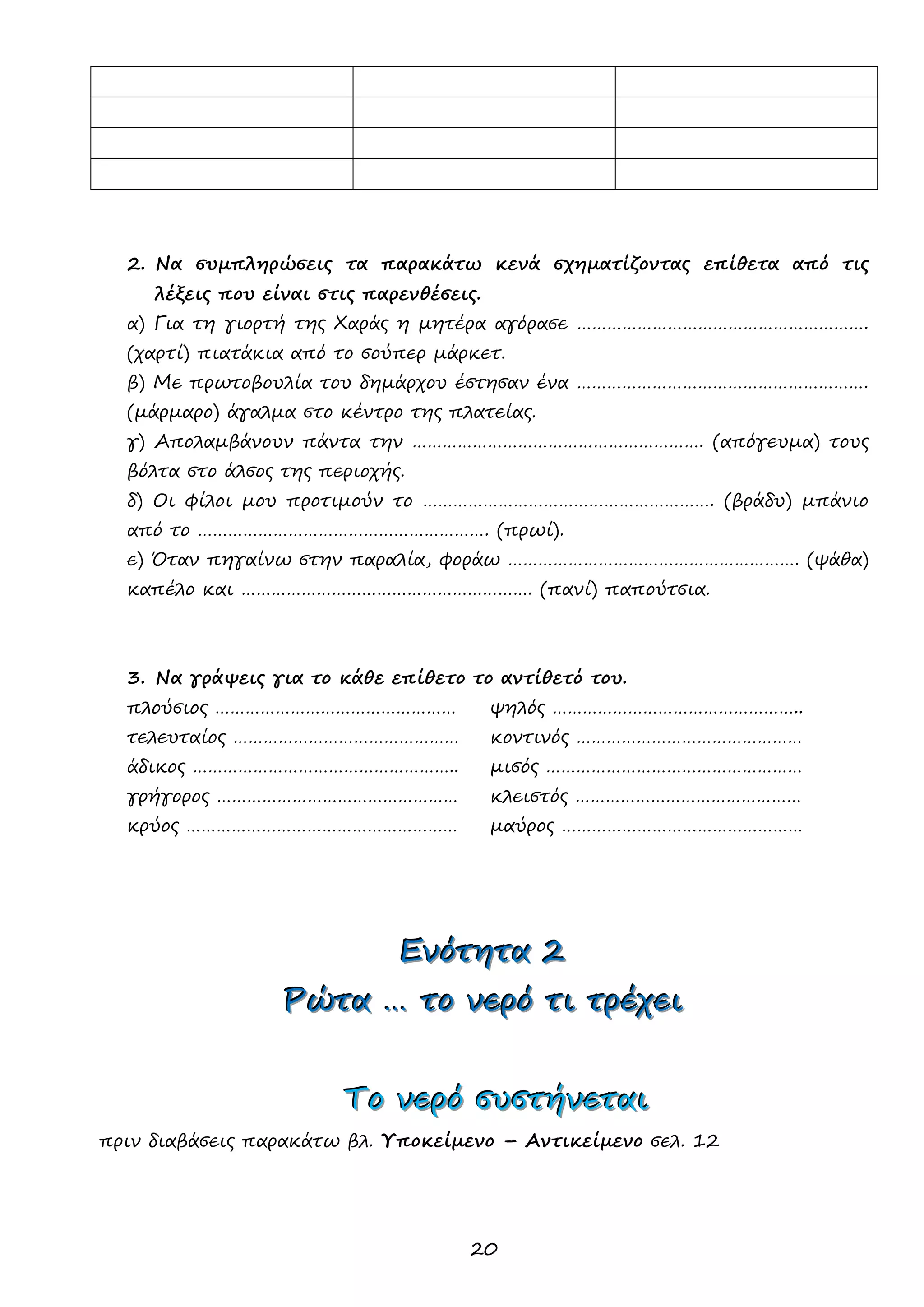 20 
2. Να συμπληρώσεις τα παρακάτω κενά σχηματίζοντας επίθετα από τις λέξεις που είναι στις παρενθέσεις. 
α) Για τη γιορτή της Χαράς η μητέρα αγόρασε …………………………………………………. (χαρτί) πιατάκια από το σούπερ μάρκετ. 
β) Με πρωτοβουλία του δημάρχου έστησαν ένα …………………………………………………. (μάρμαρο) άγαλμα στο κέντρο της πλατείας. 
γ) Απολαμβάνουν πάντα την …………………………………………………. (απόγευμα) τους βόλτα στο άλσος της περιοχής. 
δ) Οι φίλοι μου προτιμούν το …………………………………………………. (βράδυ) μπάνιο από το …………………………………………………. (πρωί). 
ε) Όταν πηγαίνω στην παραλία, φοράω …………………………………………………. (ψάθα) καπέλο και …………………………………………………. (πανί) παπούτσια. 
3. Να γράψεις για το κάθε επίθετο το αντίθετό του. 
πλούσιος ………………………………………… ψηλός ………………………………………….. 
τελευταίος ……………………………………… κοντινός ……………………………………… 
άδικος …………………………………………….. μισός …………………………………………… 
γρήγορος ………………………………………… κλειστός ……………………………………… 
κρύος ……………………………………………… μαύρος ………………………………………… 
ΕΕΕνννόόότττηηητττααα 222 
ΡΡΡώώώτττααα ……… τττοοο νννεεερρρόόό τττιιι τττρρρέέέχχχεεειιι 
ΤΤΤοοο νννεεερρρόόό σσσυυυσσστττήήήνννεεεττταααιιι 
πριν διαβάσεις παρακάτω βλ. Υποκείμενο – Αντικείμενο σελ. 12 
 