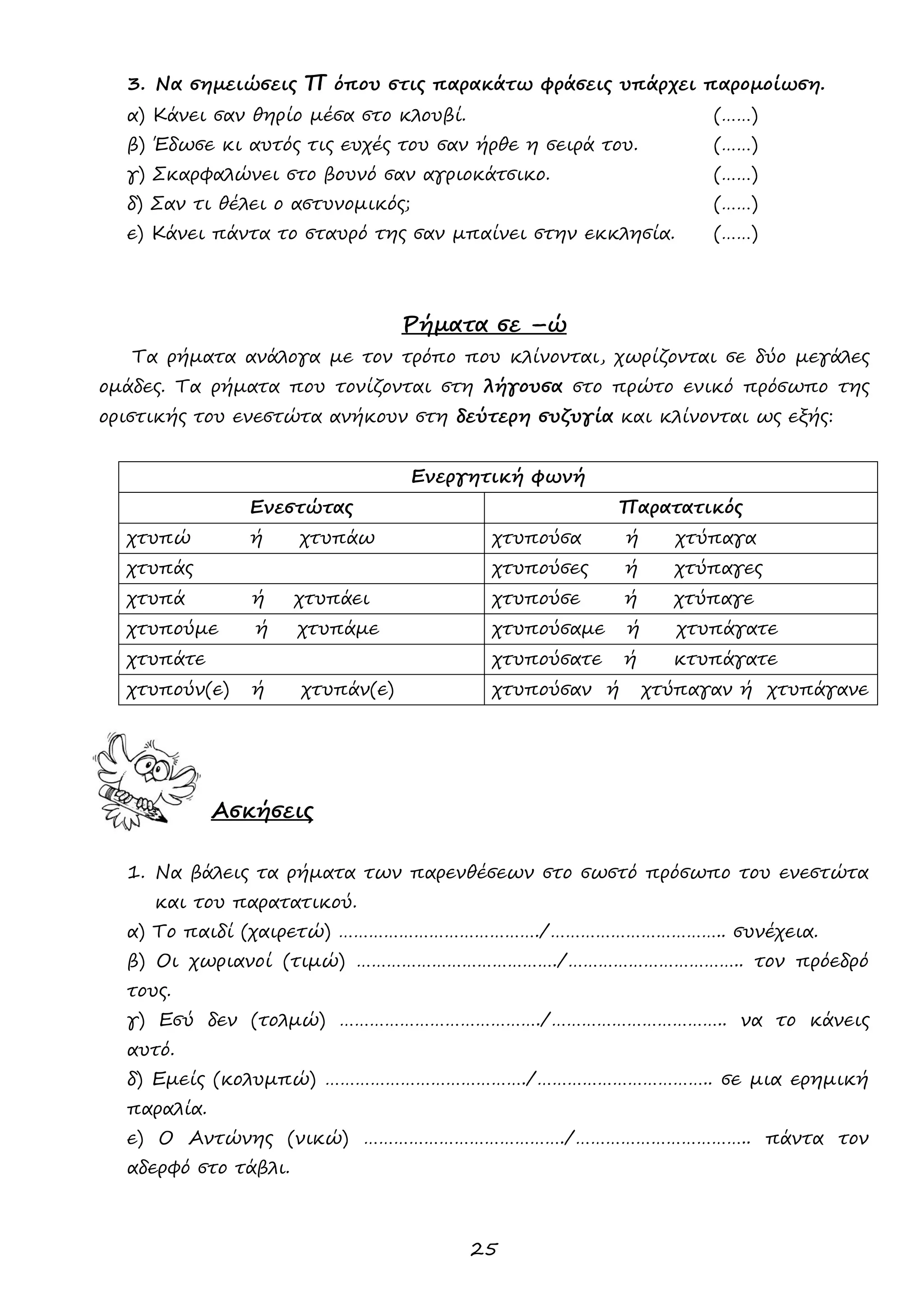 25 
3. Να σημειώσεις Π όπου στις παρακάτω φράσεις υπάρχει παρομοίωση. 
α) Κάνει σαν θηρίο μέσα στο κλουβί. (……) 
β) Έδωσε κι αυτός τις ευχές του σαν ήρθε η σειρά του. (……) 
γ) Σκαρφαλώνει στο βουνό σαν αγριοκάτσικο. (……) 
δ) Σαν τι θέλει ο αστυνομικός; (……) 
ε) Κάνει πάντα το σταυρό της σαν μπαίνει στην εκκλησία. (……) 
Ρήματα σε –ώ 
Τα ρήματα ανάλογα με τον τρόπο που κλίνονται, χωρίζονται σε δύο μεγάλες ομάδες. Τα ρήματα που τονίζονται στη λήγουσα στο πρώτο ενικό πρόσωπο της οριστικής του ενεστώτα ανήκουν στη δεύτερη συζυγία και κλίνονται ως εξής: 
Ενεργητική φωνή 
Ενεστώτας 
Παρατατικός 
χτυπώ ή χτυπάω 
χτυπούσα ή χτύπαγα 
χτυπάς 
χτυπούσες ή χτύπαγες 
χτυπά ή χτυπάει 
χτυπούσε ή χτύπαγε 
χτυπούμε ή χτυπάμε 
χτυπούσαμε ή χτυπάγατε 
χτυπάτε 
χτυπούσατε ή κτυπάγατε 
χτυπούν(ε) ή χτυπάν(ε) 
χτυπούσαν ή χτύπαγαν ή χτυπάγανε 
Ασκήσεις 
1. Να βάλεις τα ρήματα των παρενθέσεων στο σωστό πρόσωπο του ενεστώτα και του παρατατικού. 
α) Το παιδί (χαιρετώ) …………………………………./…………………………….. συνέχεια. 
β) Οι χωριανοί (τιμώ) …………………………………./…………………………….. τον πρόεδρό τους. 
γ) Εσύ δεν (τολμώ) …………………………………./…………………………….. να το κάνεις αυτό. 
δ) Εμείς (κολυμπώ) …………………………………./…………………………….. σε μια ερημική παραλία. 
ε) Ο Αντώνης (νικώ) …………………………………./…………………………….. πάντα τον αδερφό στο τάβλι. 
 