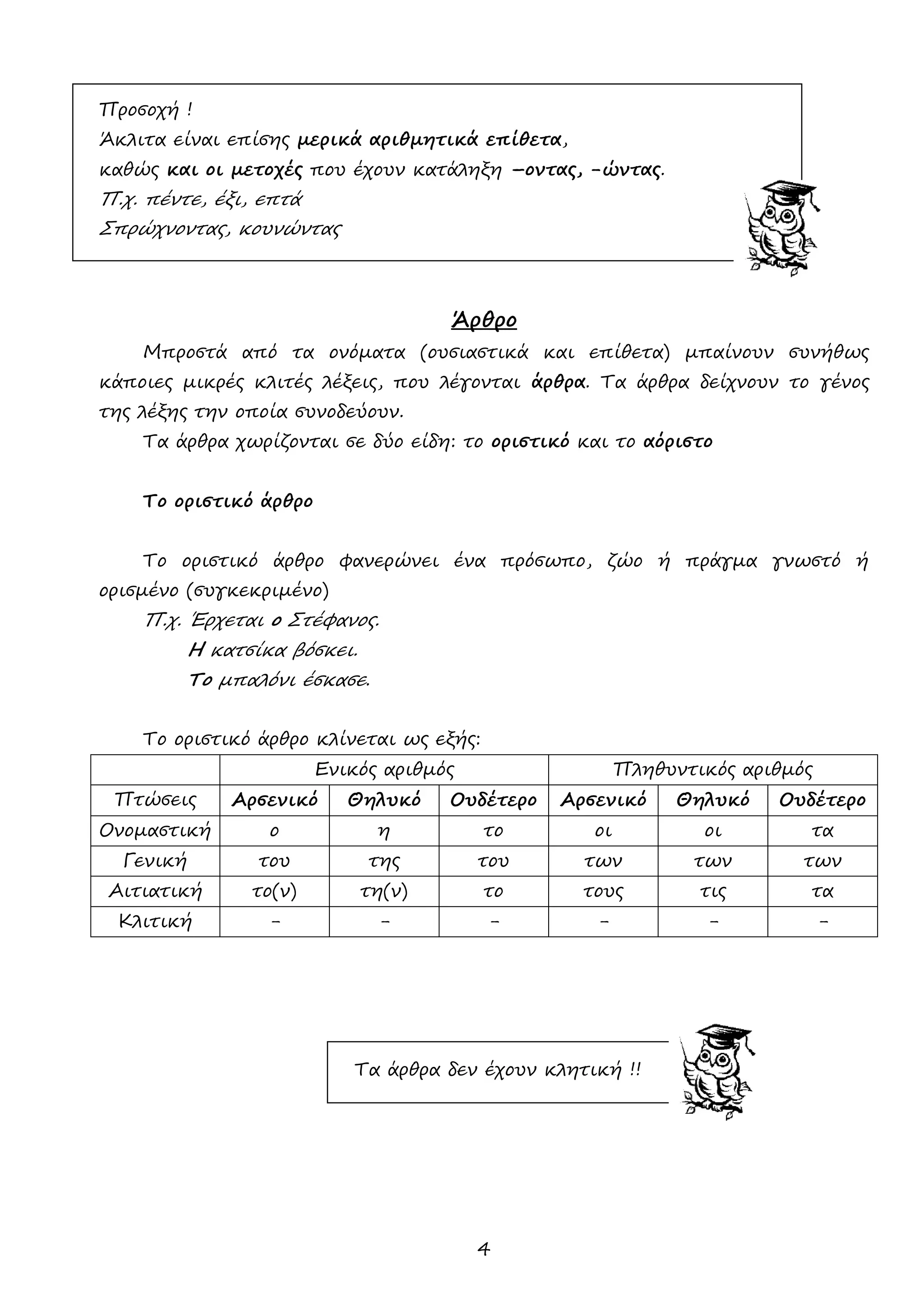 4 
Προσοχή ! 
Άκλιτα είναι επίσης μερικά αριθμητικά επίθετα, 
καθώς και οι μετοχές που έχουν κατάληξη –οντας, -ώντας. 
Π.χ. πέντε, έξι, επτά 
Σπρώχνοντας, κουνώντας 
Άρθρο 
Μπροστά από τα ονόματα (ουσιαστικά και επίθετα) μπαίνουν συνήθως κάποιες μικρές κλιτές λέξεις, που λέγονται άρθρα. Τα άρθρα δείχνουν το γένος της λέξης την οποία συνοδεύουν. 
Τα άρθρα χωρίζονται σε δύο είδη: το οριστικό και το αόριστο 
Το οριστικό άρθρο 
Το οριστικό άρθρο φανερώνει ένα πρόσωπο, ζώο ή πράγμα γνωστό ή ορισμένο (συγκεκριμένο) 
Π.χ. Έρχεται ο Στέφανος. 
Η κατσίκα βόσκει. 
Το μπαλόνι έσκασε. 
Το οριστικό άρθρο κλίνεται ως εξής: 
Ενικός αριθμός 
Πληθυντικός αριθμός 
Πτώσεις 
Αρσενικό 
Θηλυκό 
Ουδέτερο 
Αρσενικό 
Θηλυκό 
Ουδέτερο 
Ονομαστική 
ο 
η 
το 
οι 
οι 
τα 
Γενική 
του 
της 
του 
των 
των 
των 
Αιτιατική 
το(ν) 
τη(ν) 
το 
τους 
τις 
τα 
Κλιτική 
- 
- 
- 
- 
- 
- 
Τα άρθρα δεν έχουν κλητική !! 
 