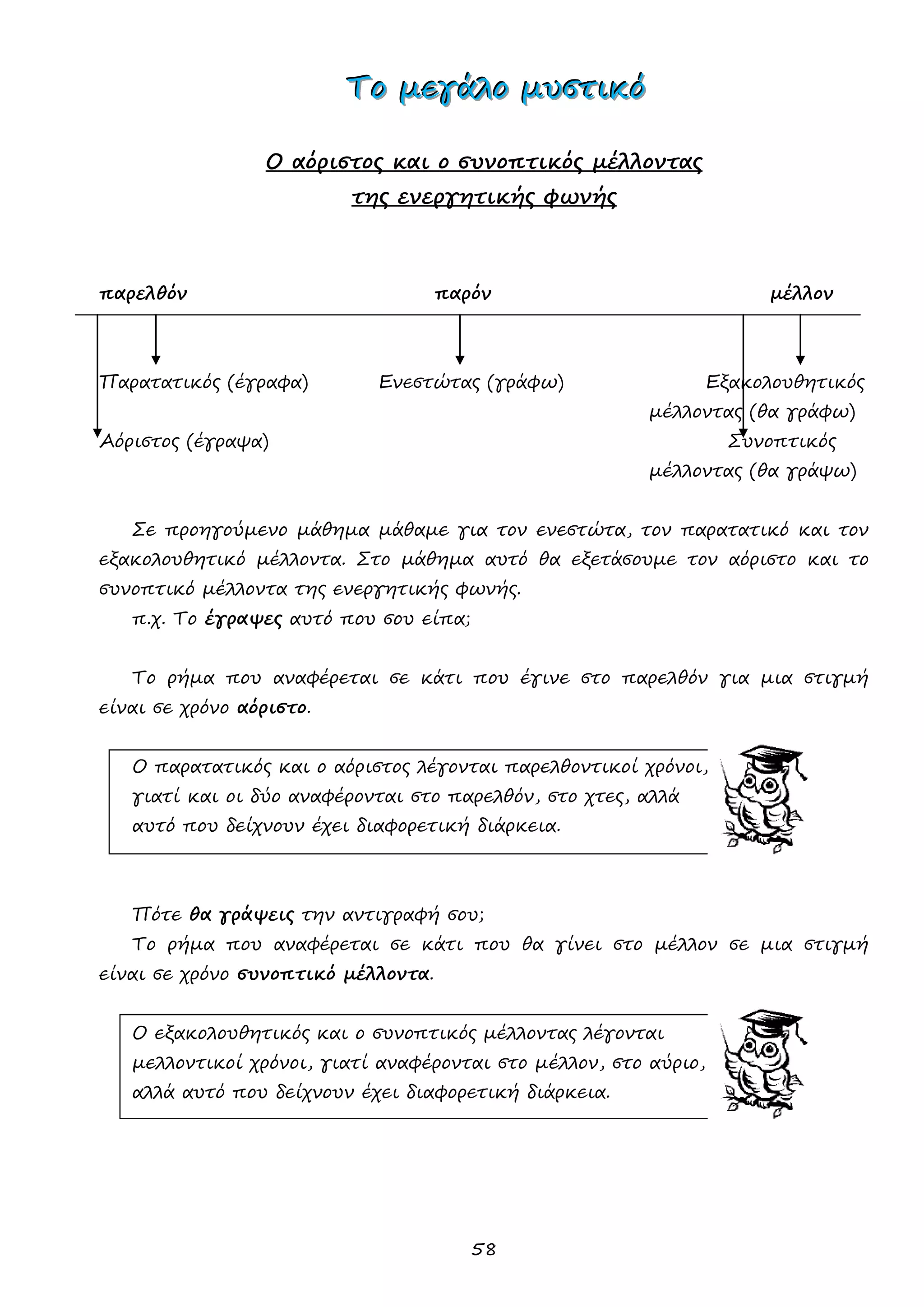 58 
ΤΤΤοοο μμμεεεγγγάάάλλλοοο μμμυυυσσστττιιικκκόόό 
Ο αόριστος και ο συνοπτικός μέλλοντας 
της ενεργητικής φωνής 
παρελθόν παρόν μέλλον 
Παρατατικός (έγραφα) Ενεστώτας (γράφω) Εξακολουθητικός 
μέλλοντας (θα γράφω) 
Αόριστος (έγραψα) Συνοπτικός 
μέλλοντας (θα γράψω) 
Σε προηγούμενο μάθημα μάθαμε για τον ενεστώτα, τον παρατατικό και τον εξακολουθητικό μέλλοντα. Στο μάθημα αυτό θα εξετάσουμε τον αόριστο και το συνοπτικό μέλλοντα της ενεργητικής φωνής. 
π.χ. Το έγραψες αυτό που σου είπα; 
Το ρήμα που αναφέρεται σε κάτι που έγινε στο παρελθόν για μια στιγμή είναι σε χρόνο αόριστο. 
Ο παρατατικός και ο αόριστος λέγονται παρελθοντικοί χρόνοι, 
γιατί και οι δύο αναφέρονται στο παρελθόν, στο χτες, αλλά 
αυτό που δείχνουν έχει διαφορετική διάρκεια. 
Πότε θα γράψεις την αντιγραφή σου; 
Το ρήμα που αναφέρεται σε κάτι που θα γίνει στο μέλλον σε μια στιγμή είναι σε χρόνο συνοπτικό μέλλοντα. 
Ο εξακολουθητικός και ο συνοπτικός μέλλοντας λέγονται 
μελλοντικοί χρόνοι, γιατί αναφέρονται στο μέλλον, στο αύριο, 
αλλά αυτό που δείχνουν έχει διαφορετική διάρκεια. 
 