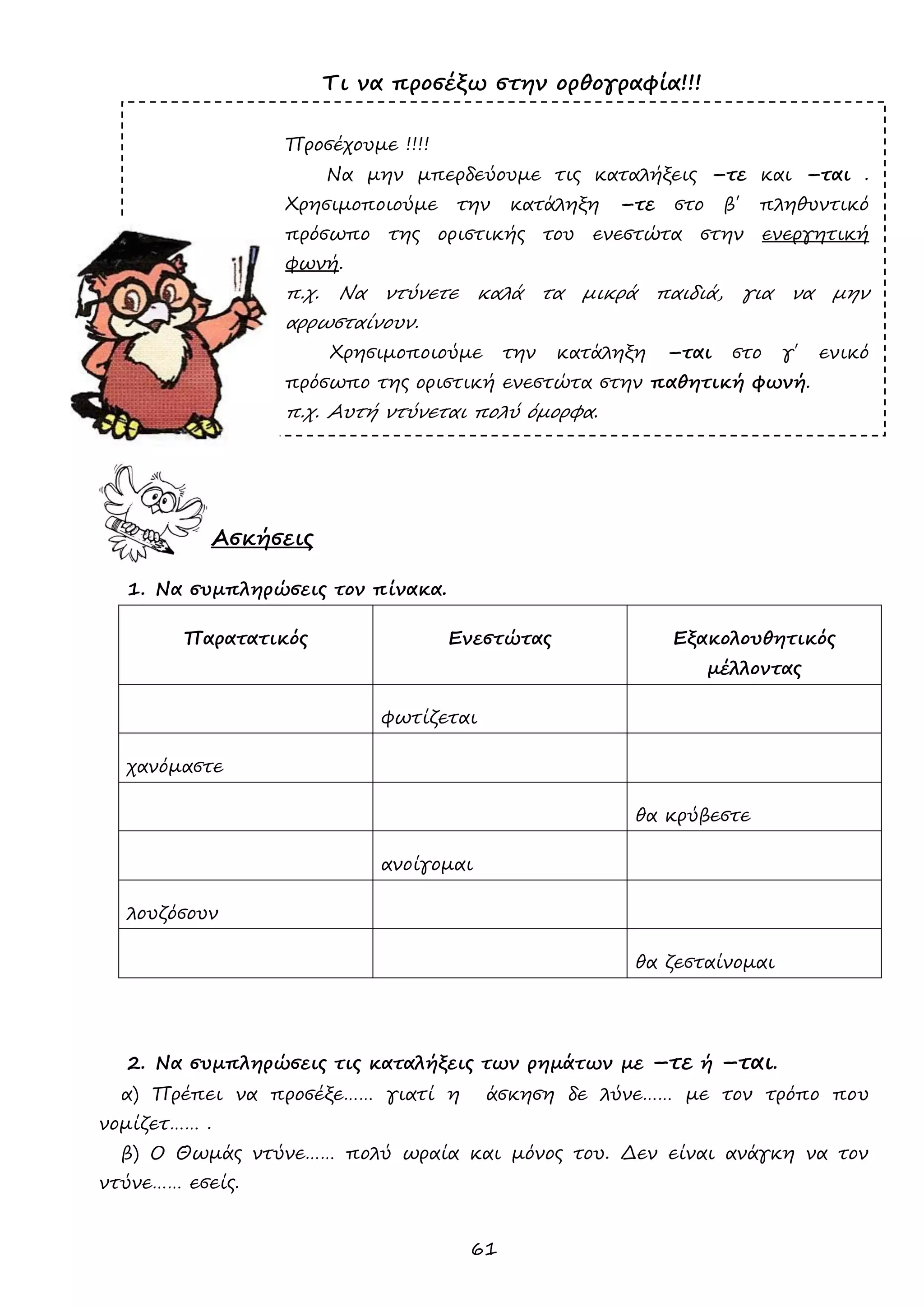 61 
Τι να προσέξω στην ορθογραφία!!! 
Προσέχουμε !!!! 
Να μην μπερδεύουμε τις καταλήξεις –τε και –ται . Χρησιμοποιούμε την κατάληξη –τε στο β΄ πληθυντικό πρόσωπο της οριστικής του ενεστώτα στην ενεργητική φωνή. 
π.χ. Να ντύνετε καλά τα μικρά παιδιά, για να μην αρρωσταίνουν. 
Χρησιμοποιούμε την κατάληξη –ται στο γ΄ ενικό πρόσωπο της οριστική ενεστώτα στην παθητική φωνή. 
π.χ. Αυτή ντύνεται πολύ όμορφα. 
Ασκήσεις 
1. Να συμπληρώσεις τον πίνακα. 
Παρατατικός 
Ενεστώτας 
Εξακολουθητικός μέλλοντας 
φωτίζεται 
χανόμαστε 
θα κρύβεστε 
ανοίγομαι 
λουζόσουν 
θα ζεσταίνομαι 
2. Να συμπληρώσεις τις καταλήξεις των ρημάτων με –τε ή –ται. 
α) Πρέπει να προσέξε…… γιατί η άσκηση δε λύνε…… με τον τρόπο που νομίζετ…… . 
β) Ο Θωμάς ντύνε…… πολύ ωραία και μόνος του. Δεν είναι ανάγκη να τον ντύνε…… εσείς.  