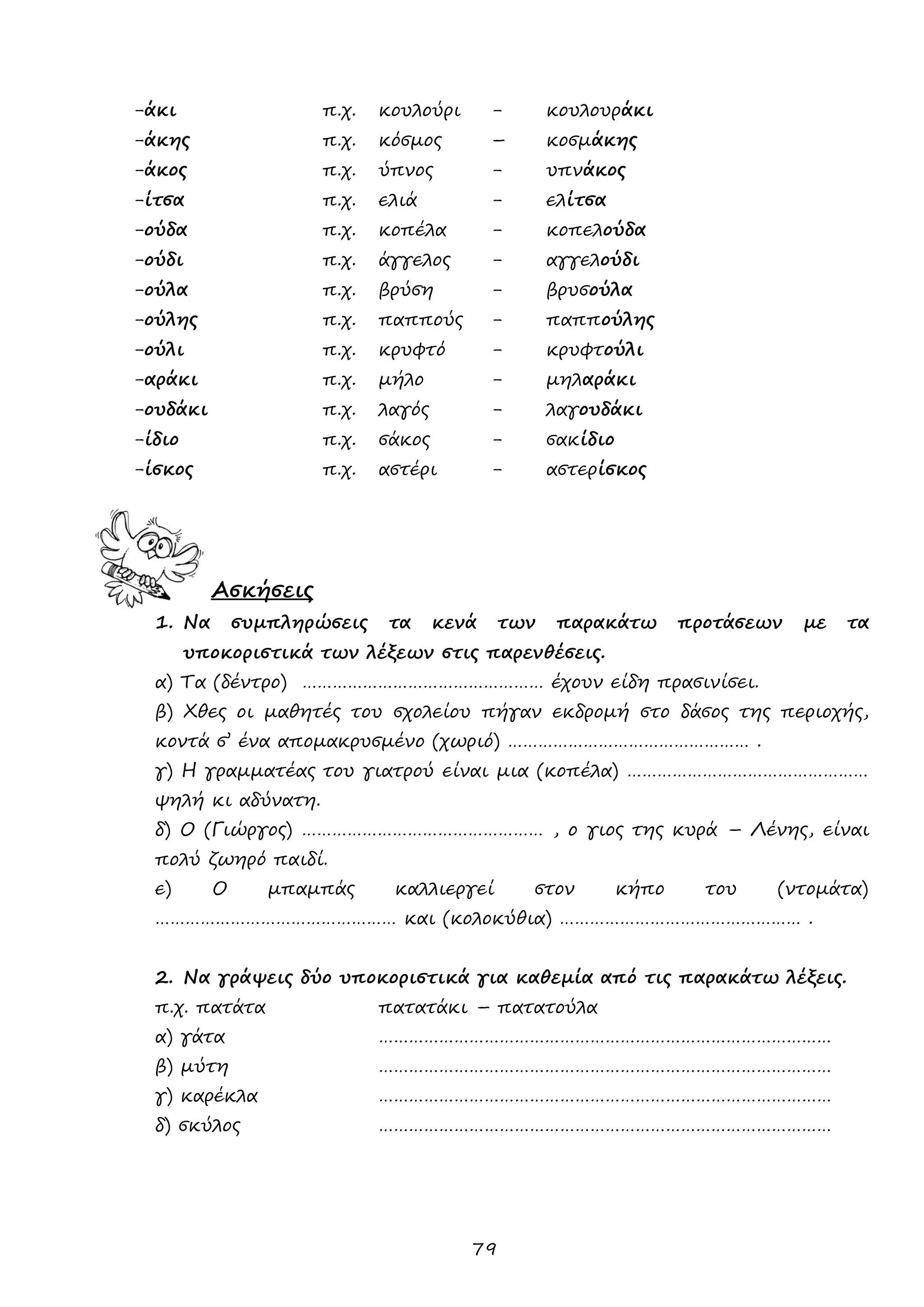 79 
-άκι π.χ. κουλούρι - κουλουράκι 
-άκης π.χ. κόσμος – κοσμάκης 
-άκος π.χ. ύπνος - υπνάκος 
-ίτσα π.χ. ελιά - ελίτσα 
-ούδα π.χ. κοπέλα - κοπελούδα 
-ούδι π.χ. άγγελος - αγγελούδι 
-ούλα π.χ. βρύση - βρυσούλα 
-ούλης π.χ. παππούς - παππούλης 
-ούλι π.χ. κρυφτό - κρυφτούλι 
-αράκι π.χ. μήλο - μηλαράκι 
-ουδάκι π.χ. λαγός - λαγουδάκι 
-ίδιο π.χ. σάκος - σακίδιο 
-ίσκος π.χ. αστέρι - αστερίσκος 
Ασκήσεις 
1. Να συμπληρώσεις τα κενά των παρακάτω προτάσεων με τα υποκοριστικά των λέξεων στις παρενθέσεις. 
α) Τα (δέντρο) ………………………………………… έχουν είδη πρασινίσει. 
β) Χθες οι μαθητές του σχολείου πήγαν εκδρομή στο δάσος της περιοχής, κοντά σ’ ένα απομακρυσμένο (χωριό) ………………………………………… . 
γ) Η γραμματέας του γιατρού είναι μια (κοπέλα) ………………………………………… ψηλή κι αδύνατη. 
δ) Ο (Γιώργος) ………………………………………… , ο γιος της κυρά – Λένης, είναι πολύ ζωηρό παιδί. 
ε) Ο μπαμπάς καλλιεργεί στον κήπο του (ντομάτα) ………………………………………… και (κολοκύθια) ………………………………………… . 
2. Να γράψεις δύο υποκοριστικά για καθεμία από τις παρακάτω λέξεις. 
π.χ. πατάτα πατατάκι – πατατούλα 
α) γάτα ……………………………………………………………………………… 
β) μύτη ……………………………………………………………………………… 
γ) καρέκλα ……………………………………………………………………………… 
δ) σκύλος ……………………………………………………………………………… 
 