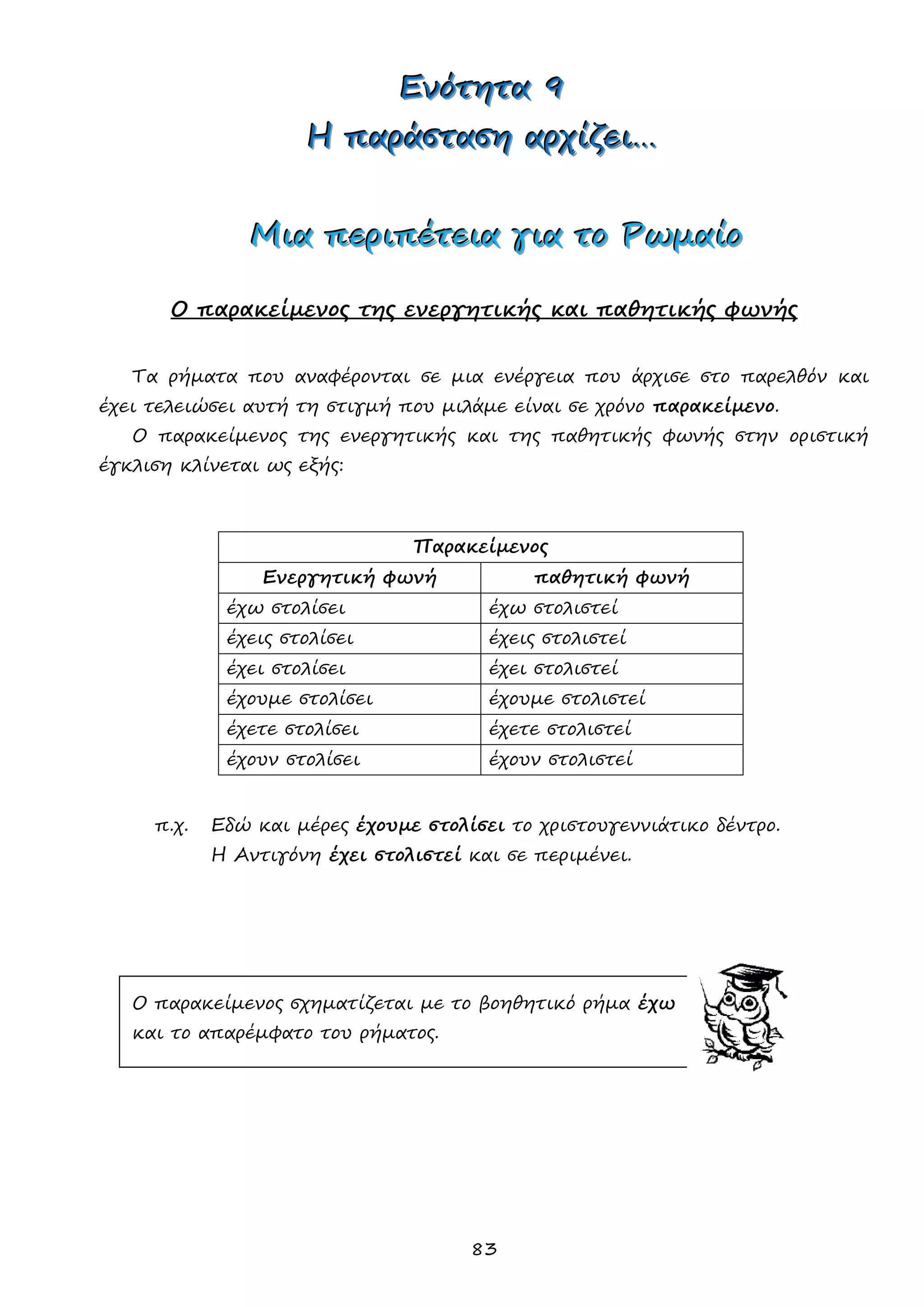 83 
ΕΕΕνννόόότττηηητττααα 999 
ΗΗΗ πππαααρρράάάσσστττααασσσηηη αααρρρχχχίίίζζζεεειιι……… 
ΜΜΜιιιααα πππεεερρριιιπππέέέτττεεειιιααα γγγιιιααα τττοοο ΡΡΡωωωμμμαααίίίοοο 
Ο παρακείμενος της ενεργητικής και παθητικής φωνής 
Τα ρήματα που αναφέρονται σε μια ενέργεια που άρχισε στο παρελθόν και έχει τελειώσει αυτή τη στιγμή που μιλάμε είναι σε χρόνο παρακείμενο. 
Ο παρακείμενος της ενεργητικής και της παθητικής φωνής στην οριστική έγκλιση κλίνεται ως εξής: 
π.χ. Εδώ και μέρες έχουμε στολίσει το χριστουγεννιάτικο δέντρο. 
Η Αντιγόνη έχει στολιστεί και σε περιμένει. 
Ο παρακείμενος σχηματίζεται με το βοηθητικό ρήμα έχω 
και το απαρέμφατο του ρήματος. 
Παρακείμενος 
Ενεργητική φωνή 
παθητική φωνή 
έχω στολίσει 
έχω στολιστεί 
έχεις στολίσει 
έχεις στολιστεί 
έχει στολίσει 
έχει στολιστεί 
έχουμε στολίσει 
έχουμε στολιστεί 
έχετε στολίσει 
έχετε στολιστεί 
έχουν στολίσει 
έχουν στολιστεί  
