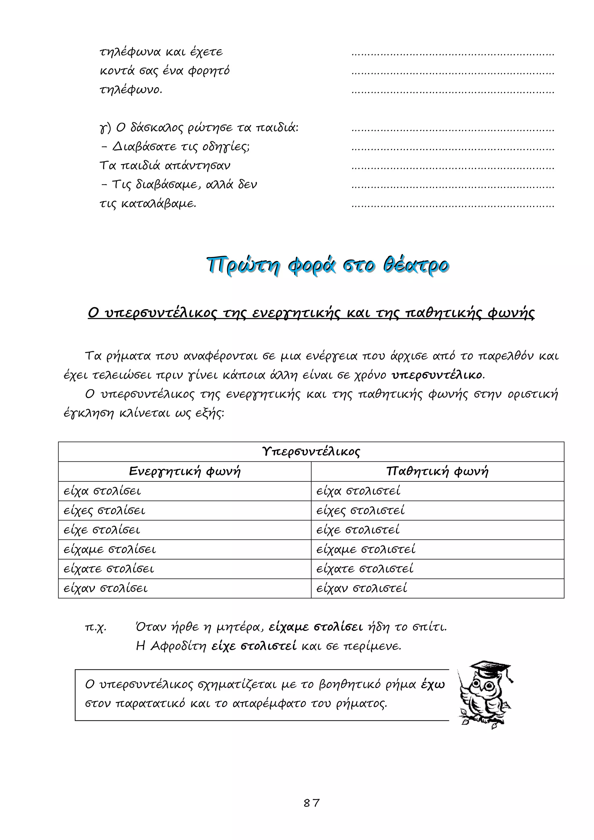 87 
τηλέφωνα και έχετε ……………………………………………………… 
κοντά σας ένα φορητό ……………………………………………………… 
τηλέφωνο. ……………………………………………………… 
γ) Ο δάσκαλος ρώτησε τα παιδιά: ……………………………………………………… 
- Διαβάσατε τις οδηγίες; ……………………………………………………… 
Τα παιδιά απάντησαν ……………………………………………………… 
- Τις διαβάσαμε, αλλά δεν ……………………………………………………… 
τις καταλάβαμε. ……………………………………………………… 
ΠΠΠρρρώώώτττηηη φφφοοορρράάά σσστττοοο θθθέέέααατττρρροοο 
Ο υπερσυντέλικος της ενεργητικής και της παθητικής φωνής 
Τα ρήματα που αναφέρονται σε μια ενέργεια που άρχισε από το παρελθόν και έχει τελειώσει πριν γίνει κάποια άλλη είναι σε χρόνο υπερσυντέλικο. 
Ο υπερσυντέλικος της ενεργητικής και της παθητικής φωνής στην οριστική έγκληση κλίνεται ως εξής: 
Υπερσυντέλικος 
Ενεργητική φωνή 
Παθητική φωνή 
είχα στολίσει 
είχα στολιστεί 
είχες στολίσει 
είχες στολιστεί 
είχε στολίσει 
είχε στολιστεί 
είχαμε στολίσει 
είχαμε στολιστεί 
είχατε στολίσει 
είχατε στολιστεί 
είχαν στολίσει 
είχαν στολιστεί 
π.χ. Όταν ήρθε η μητέρα, είχαμε στολίσει ήδη το σπίτι. 
Η Αφροδίτη είχε στολιστεί και σε περίμενε. 
Ο υπερσυντέλικος σχηματίζεται με το βοηθητικό ρήμα έχω 
στον παρατατικό και το απαρέμφατο του ρήματος. 
 