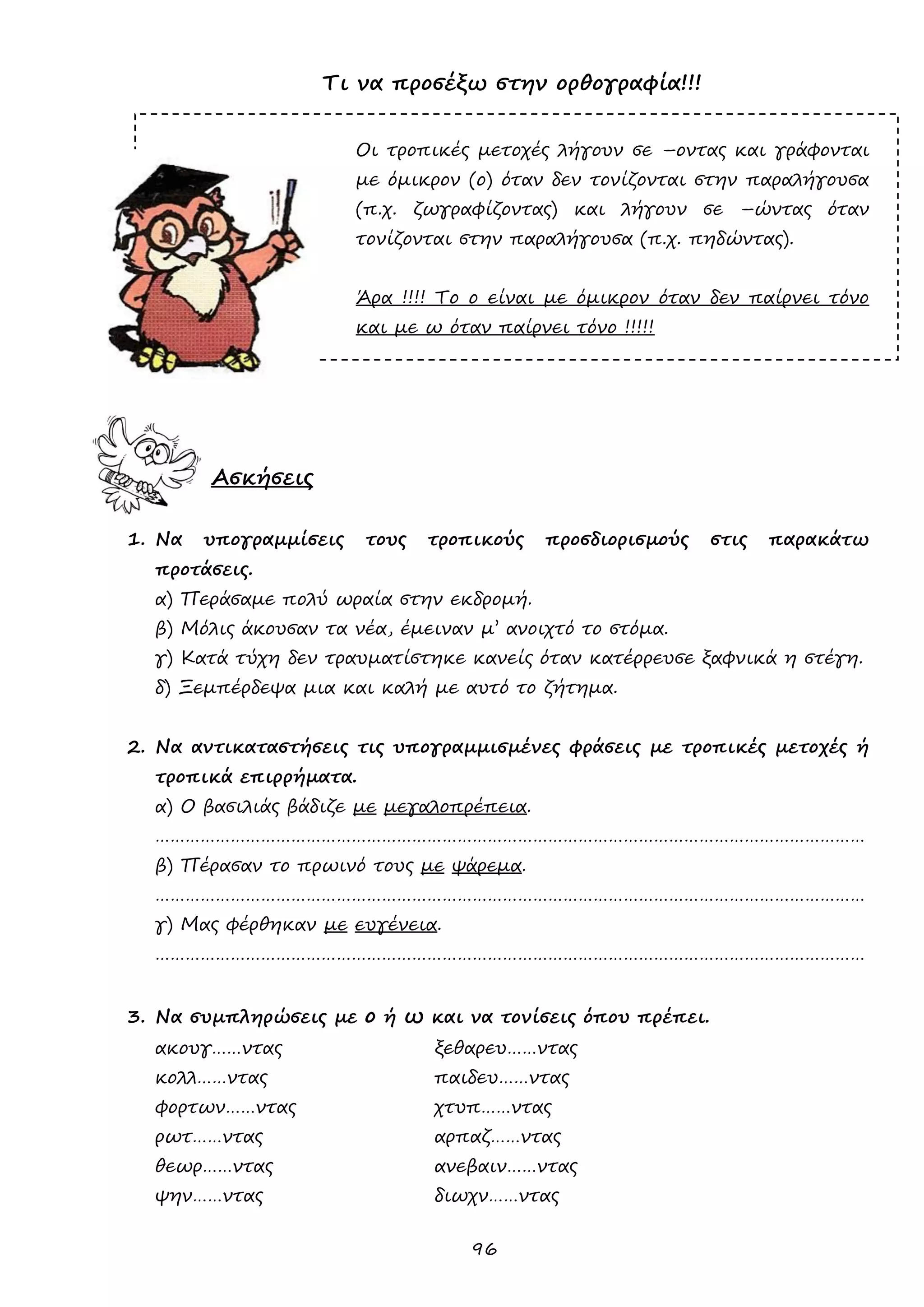 96 
Τι να προσέξω στην ορθογραφία!!! 
Οι τροπικές μετοχές λήγουν σε –οντας και γράφονται με όμικρον (ο) όταν δεν τονίζονται στην παραλήγουσα (π.χ. ζωγραφίζοντας) και λήγουν σε –ώντας όταν τονίζονται στην παραλήγουσα (π.χ. πηδώντας). 
Άρα !!!! Το ο είναι με όμικρον όταν δεν παίρνει τόνο και με ω όταν παίρνει τόνο !!!!! 
Ασκήσεις 
1. Να υπογραμμίσεις τους τροπικούς προσδιορισμούς στις παρακάτω προτάσεις. 
α) Περάσαμε πολύ ωραία στην εκδρομή. 
β) Μόλις άκουσαν τα νέα, έμειναν μ’ ανοιχτό το στόμα. 
γ) Κατά τύχη δεν τραυματίστηκε κανείς όταν κατέρρευσε ξαφνικά η στέγη. 
δ) Ξεμπέρδεψα μια και καλή με αυτό το ζήτημα. 
2. Να αντικαταστήσεις τις υπογραμμισμένες φράσεις με τροπικές μετοχές ή τροπικά επιρρήματα. 
α) Ο βασιλιάς βάδιζε με μεγαλοπρέπεια. 
…………………………………………………………………………………………………………………………… 
β) Πέρασαν το πρωινό τους με ψάρεμα. 
…………………………………………………………………………………………………………………………… 
γ) Μας φέρθηκαν με ευγένεια. 
…………………………………………………………………………………………………………………………… 
3. Να συμπληρώσεις με ο ή ω και να τονίσεις όπου πρέπει. 
ακουγ……ντας ξεθαρευ……ντας 
κολλ……ντας παιδευ……ντας 
φορτων……ντας χτυπ……ντας 
ρωτ……ντας αρπαζ……ντας 
θεωρ……ντας ανεβαιν……ντας 
ψην……ντας διωχν……ντας  