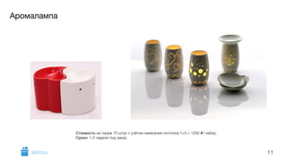 Аромалампа 
11 
Стоимость на тираж 70 штук с учётом нанесения логотипа 1+0 = 1250 i/ набор. 
Сроки: 1-2 недели под заказ. 
Фартук 
GiftsPro.ru 
 