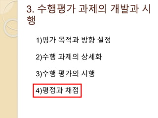3. 수행평가 과제의 개발과 시 
행 
1)평가 목적과 방향 설정 
2)수행 과제의 상세화 
3)수행 평가의 시행 
4)평정과 채점 
 