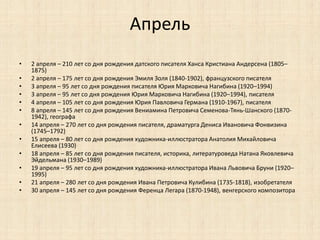 Апрель 
• 2 апреля – 210 лет со дня рождения датского писателя Ханса Кристиана Андерсена (1805– 
1875) 
• 2 апреля – 175 лет со дня рождения Эмиля Золя (1840-1902), французского писателя 
• 3 апреля – 95 лет со дня рождения писателя Юрия Марковича Нагибина (1920–1994) 
• 3 апреля – 95 лет со дня рождения Юрия Марковича Нагибина (1920–1994), писателя 
• 4 апреля – 105 лет со дня рождения Юрия Павловича Германа (1910-1967), писателя 
• 8 апреля – 145 лет со дня рождения Вениамина Петровича Семенова-Тянь-Шанского (1870- 
1942), географа 
• 14 апреля – 270 лет со дня рождения писателя, драматурга Дениса Ивановича Фонвизина 
(1745–1792) 
• 15 апреля – 80 лет со дня рождения художника-иллюстратора Анатолия Михайловича 
Елисеева (1930) 
• 18 апреля – 85 лет со дня рождения писателя, историка, литературоведа Натана Яковлевича 
Эйдельмана (1930–1989) 
• 19 апреля – 95 лет со дня рождения художника-иллюстратора Ивана Львовича Бруни (1920– 
1995) 
• 21 апреля – 280 лет со дня рождения Ивана Петровича Кулибина (1735-1818), изобретателя 
• 30 апреля – 145 лет со дня рождения Ференца Легара (1870-1948), венгерского композитора 
 