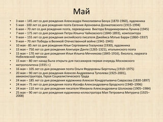 Май 
• 3 мая – 145 лет со дня рождения Александра Николаевича Бенуа (1870-1960), художника 
• 5 мая - 100 лет со дня рождения поэта Евгения Ароновича Долматовского (1915-1994) 
• 6 мая – 70 лет со дня рождения поэта, переводчика Виктора Владимировича Лунина (1945) 
• 7 мая – 175 лет со дня рождения Петра Ильича Чайковского (1840-1893), композитора 
• 9 мая – 155 лет со дня рождения английского писателя Джеймса Мэтью Барри (1860–1937) 
• 9 мая – 70 лет Победы в Великой Отечественной войне (1941-1945) 
• 10 мая - 85 лет со дня рождения Ильи Сергеевича Глазунова (1930), художника 
• 15 мая – 750 лет со дня рождения Алигьери Данте (1265-1321), итальянского поэта 
• 15 мая – 170 лет со дня рождения Ильи Ильича Мечникова (1845-1916), биолога, лауреата 
Нобелевской премии 
• 15 мая – 80 лет назад была открыта для пассажиров первая очередь Московского 
• метрополитена (1935 г.) 
• 16 мая – 105 лет со дня рождения поэта Ольги Федоровны Берггольц (1910–1975) 
• 20 мая – 90 лет со дня рождения Алексея Андреевича Туполева (1925-2001), 
авиаконструктора, Героя Социалистического Труда 
• 24 мая – 185 лет со дня рождения художника Алексея Кондратьевича Саврасова (1830-1897) 
• 24 мая – 75 лет со дня рождения поэта Иосифа Александровича Бродского (1940–1996) 
• 24 мая – 110 лет со дня рождения писателя Михаила Александровича Шолохова (1905–1984) 
• 25 мая – 90 лет со дня рождения художника-иллюстратора Мая Петровича Митурича (1925– 
2008) 
 