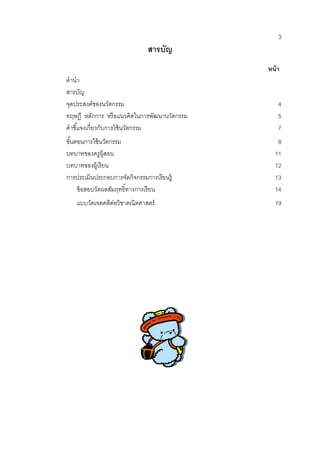 3 
สารบัญ 
หน้า 
คานา 
สารบัญ 
จุดประสงค์ของนวัตกรรม 
4 
ทฤษฎี หลักการ หรือแนวคิดในการพัฒนานวัตกรรม 
5 
คาชี้แจงเกี่ยวกับการใช้นวัตกรรม 
7 
ขั้นตอนการใช้นวัตกรรม 
8 
บทบาทของครูผู้สอน 
11 
บทบาทของผู้เรียน 
12 
การประเมินประกอบการจัดกิจกรรมการเรียนรู้ 
13 
ข้อสอบวัดผลสัมฤทธิ์ทางการเรียน 
14 
แบบวัดเจตคติต่อวิชาคณิตศาสตร์ 
19 
 