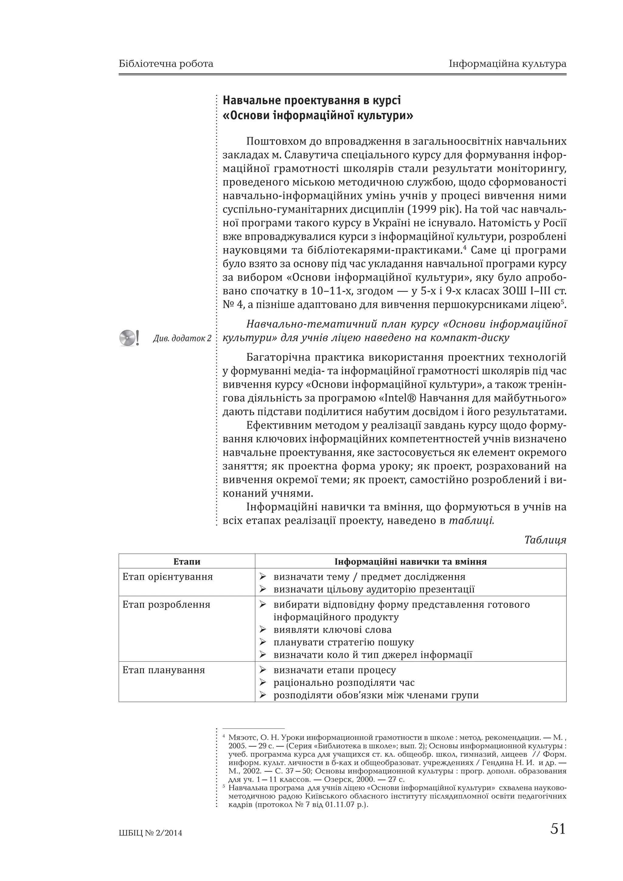 Бібліотечна робота Інформаційна культура 
Навчальне проектування в курсі 
«Основи інформаційної культури» 
ʞˑ˛˕ˑ˅˘ˑˏˇˑ˅˒˓ˑ˅˃ˇˉˈːːˢ˅ˊ˃ˆ˃ˎ˟ːˑˑ˔˅˪˕ː˪˘ː˃˅˚˃ˎ˟ːˋ˘ 
ˊ˃ˍˎ˃ˇ˃˘ˏǤʠˎ˃˅˖˕ˋ˚˃˔˒ˈ˙˪˃ˎ˟ːˑˆˑˍ˖˓˔˖ˇˎˢ˗ˑ˓ˏ˖˅˃ːːˢ˪ː˗ˑ˓Ǧ 
ˏ˃˙˪ˌːˑ˫ ˆ˓˃ˏˑ˕ːˑ˔˕˪ ˛ˍˑˎˢ˓˪˅ ˔˕˃ˎˋ ˓ˈˊ˖ˎ˟˕˃˕ˋ ˏˑː˪˕ˑ˓ˋːˆ˖ǡ 
˒˓ˑ˅ˈˇˈːˑˆˑˏ˪˔˟ˍˑˡˏˈ˕ˑˇˋ˚ːˑˡ˔ˎ˖ˉ˄ˑˡǡ˜ˑˇˑ˔˗ˑ˓ˏˑ˅˃ːˑ˔˕˪ 
ː˃˅˚˃ˎ˟ːˑǦ˪ː˗ˑ˓ˏ˃˙˪ˌːˋ˘˖ˏ˪ː˟˖˚ː˪˅˖˒˓ˑ˙ˈ˔˪˅ˋ˅˚ˈːːˢːˋˏˋ 
˔˖˔˒˪ˎ˟ːˑǦˆ˖ˏ˃ː˪˕˃˓ːˋ˘ˇˋ˔˙ˋ˒ˎ˪ːȋͳͻͻͻ˓˪ˍȌǤʜ˃˕ˑˌ˚˃˔ː˃˅˚˃ˎ˟Ǧ 
ːˑ˫˒˓ˑˆ˓˃ˏˋ˕˃ˍˑˆˑˍ˖˓˔˖˅ʢˍ˓˃˫ː˪ːˈ˪˔ː˖˅˃ˎˑǤʜ˃˕ˑˏ˪˔˕˟˖ʟˑ˔˪˫ 
˅ˉˈ˅˒˓ˑ˅˃ˇˉ˖˅˃ˎˋ˔ˢˍ˖˓˔ˋˊ˪ː˗ˑ˓ˏ˃˙˪ˌːˑ˫ˍ˖ˎ˟˕˖˓ˋǡ˓ˑˊ˓ˑ˄ˎˈː˪ 
ː˃˖ˍˑ˅˙ˢˏˋ ˕˃ ˄˪˄ˎ˪ˑ˕ˈˍ˃˓ˢˏˋǦ˒˓˃ˍ˕ˋˍ˃ˏˋǤͶ ʠ˃ˏˈ ˙˪ ˒˓ˑˆ˓˃ˏˋ 
˄˖ˎˑ˅ˊˢ˕ˑˊ˃ˑ˔ːˑ˅˖˒˪ˇ˚˃˔˖ˍˎ˃ˇ˃ːːˢː˃˅˚˃ˎ˟ːˑ˫˒˓ˑˆ˓˃ˏˋˍ˖˓˔˖ 
ˊ˃˅ˋ˄ˑ˓ˑˏǼʝ˔ːˑ˅ˋ˪ː˗ˑ˓ˏ˃˙˪ˌːˑ˫ˍ˖ˎ˟˕˖˓ˋǽǡˢˍ˖˄˖ˎˑ˃˒˓ˑ˄ˑǦ 
˅˃ːˑ˔˒ˑ˚˃˕ˍ˖˅ͳͲȂͳͳǦ˘ǡˊˆˑˇˑˏȄ˖ͷǦ˘˪ͻǦ˘ˍˎ˃˔˃˘ʖʝʧʶȂʶʶʶ˔˕Ǥ 
͒Ͷǡ˃˒˪ˊː˪˛ˈ˃ˇ˃˒˕ˑ˅˃ːˑˇˎˢ˅ˋ˅˚ˈːːˢ˒ˈ˓˛ˑˍ˖˓˔ːˋˍ˃ˏˋˎ˪˙ˈˡͷǤ 
ʜ˃˅˚˃ˎ˟ːˑǦ˕ˈˏ˃˕ˋ˚ːˋˌ ˒ˎ˃ː ˍ˖˓˔˖ Ǽʝ˔ːˑ˅ˋ ˪ː˗ˑ˓ˏ˃˙˪ˌːˑ˫ 
ˍ˖ˎ˟˕˖˓ˋǽˇˎˢ˖˚ː˪˅ˎ˪˙ˈˡː˃˅ˈˇˈːˑː˃ˍˑˏ˒˃ˍ˕Ǧˇˋ˔ˍ˖ 
ʐ˃ˆ˃˕ˑ˓˪˚ː˃ ˒˓˃ˍ˕ˋˍ˃ ˅ˋˍˑ˓ˋ˔˕˃ːːˢ ˒˓ˑˈˍ˕ːˋ˘ ˕ˈ˘ːˑˎˑˆ˪ˌ 
˖˗ˑ˓ˏ˖˅˃ːː˪ˏˈˇ˪˃Ǧ˕˃˪ː˗ˑ˓ˏ˃˙˪ˌːˑ˫ˆ˓˃ˏˑ˕ːˑ˔˕˪˛ˍˑˎˢ˓˪˅˒˪ˇ˚˃˔ 
˅ˋ˅˚ˈːːˢˍ˖˓˔˖Ǽʝ˔ːˑ˅ˋ˪ː˗ˑ˓ˏ˃˙˪ˌːˑ˫ˍ˖ˎ˟˕˖˓ˋǽǡ˃˕˃ˍˑˉ˕˓ˈː˪ːǦ 
ˆˑ˅˃ˇ˪ˢˎ˟ː˪˔˕˟ˊ˃˒˓ˑˆ˓˃ˏˑˡǼ 